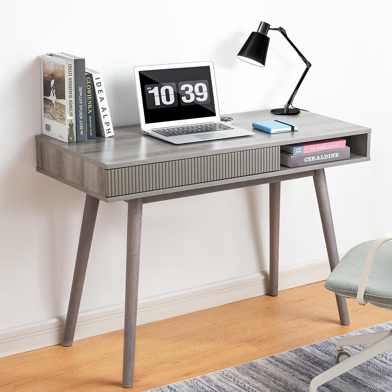 Office Desk Mid Century Modern Desk Writing Desk with Drawer Simple Home Office Desk Mid Century Desk, Grey