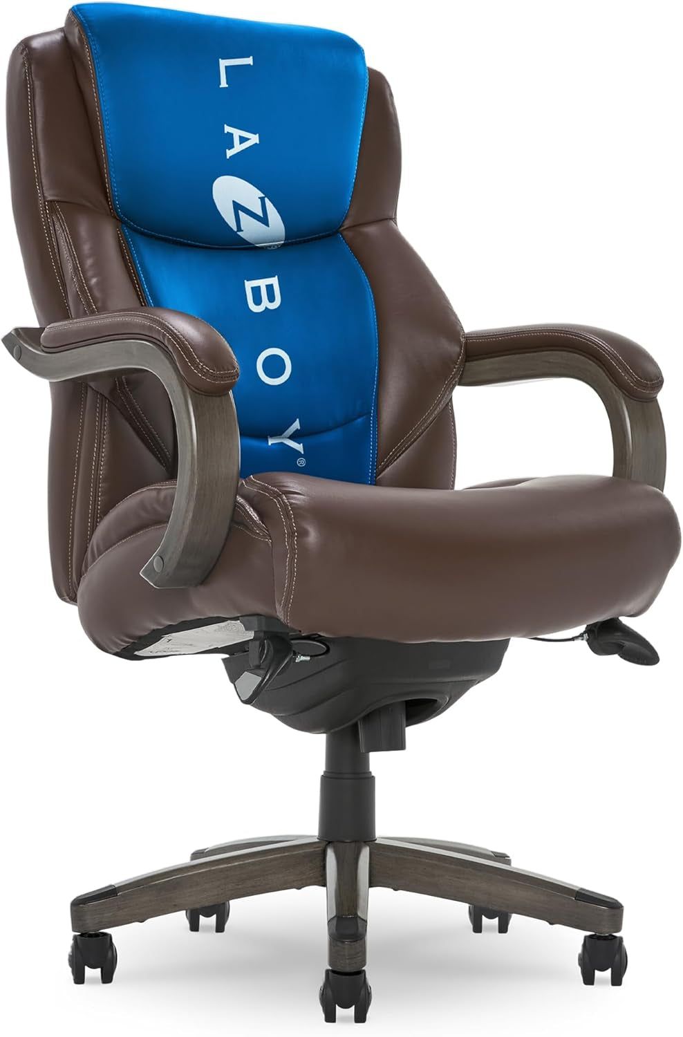 Delano Big &amp; Tall Executive Office Chair | High Back Ergonomic Lumbar Support, Bonded Leather, Brown with Weathered Gray Wood |