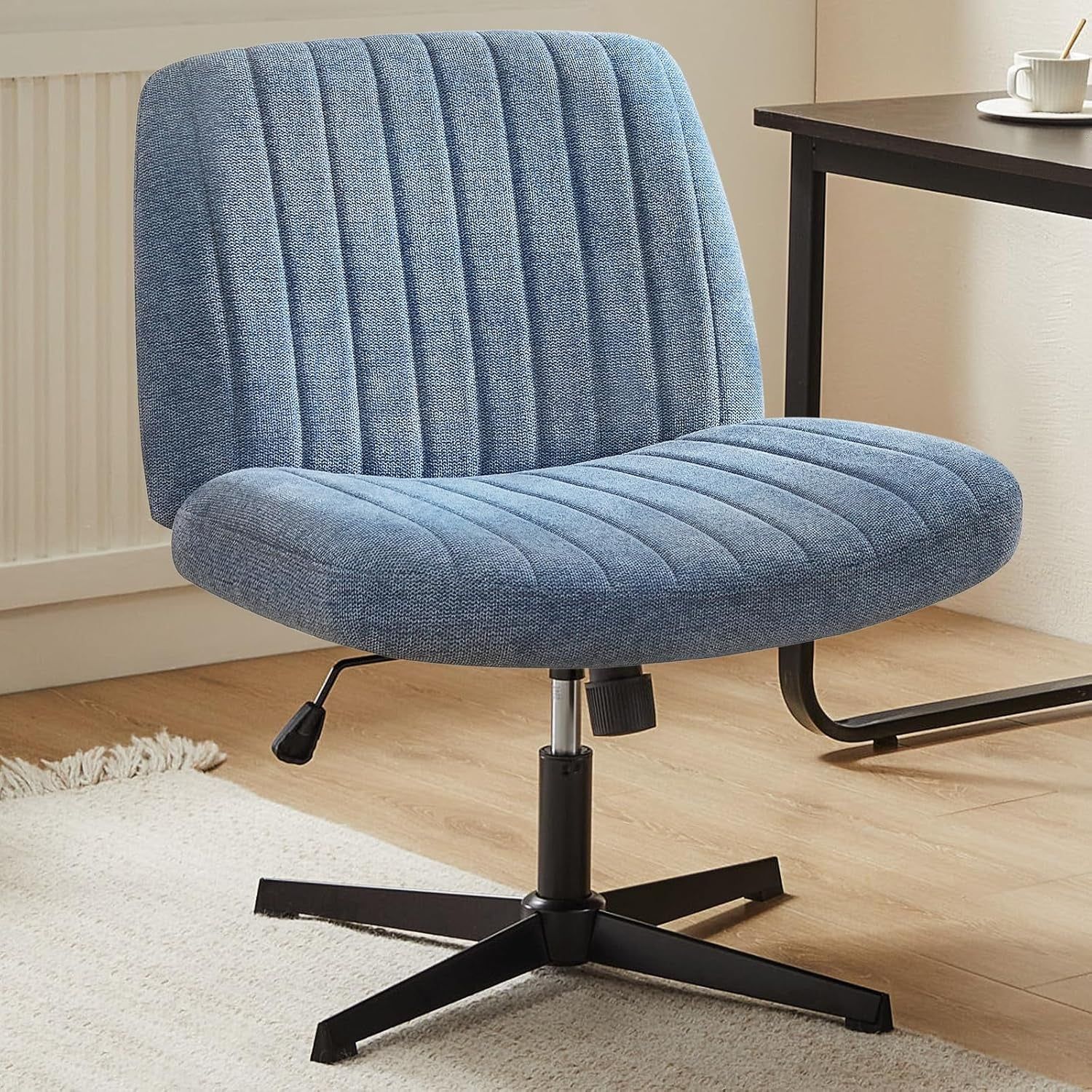 Criss Cross Chair Legged, Armless Office Desk Chair No Wheels, Swivel Vanity Chair, Height Adjustable Wide Seat Computer Task Chair, Fabric Vanity Modern Home Chair Blue
