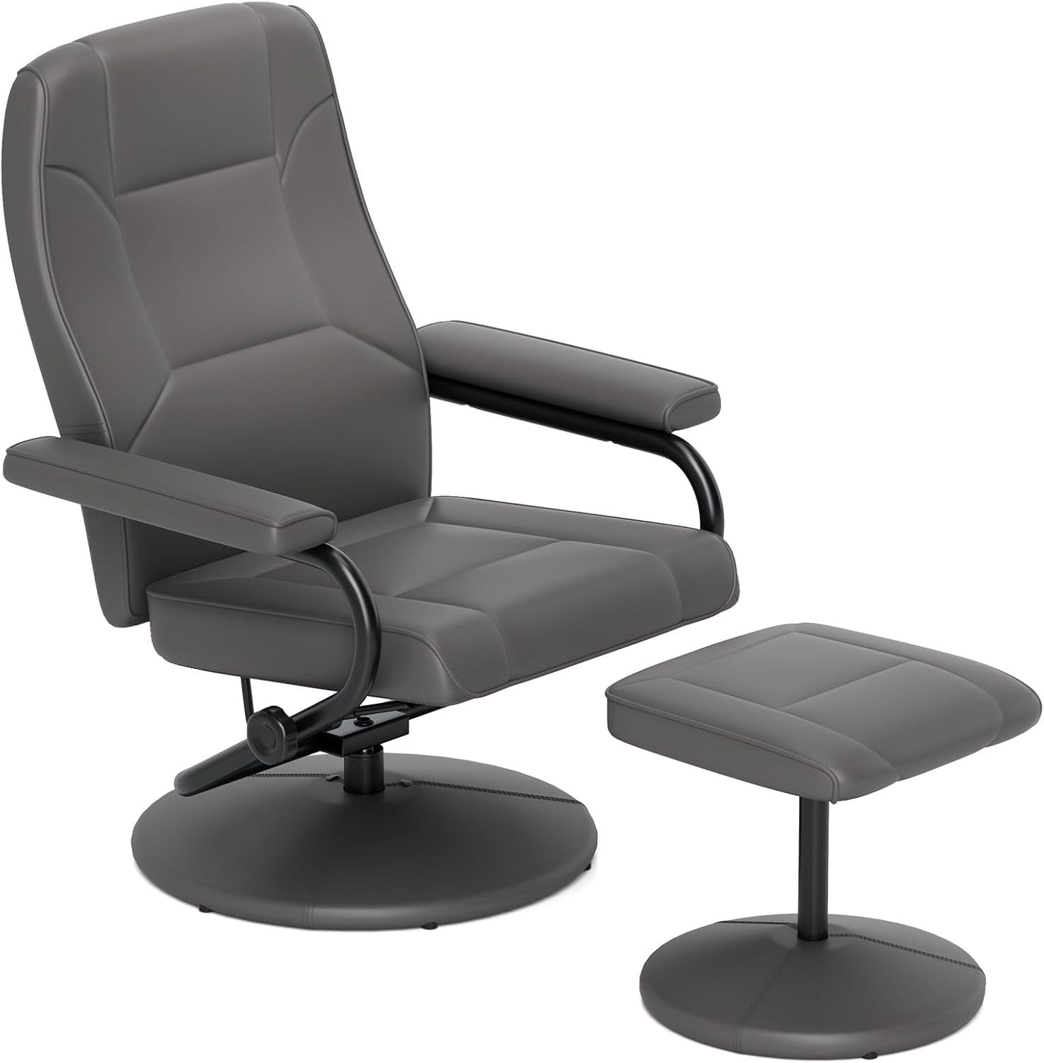 Recliner Chair with Ottoman, 360° Swivel Faux Leather Reclining Chair W/Adjustable Backrest, Footrest, Sturdy Metal Base, Upholstered Armchair for Living Room Bedroom Study, Office, Grey