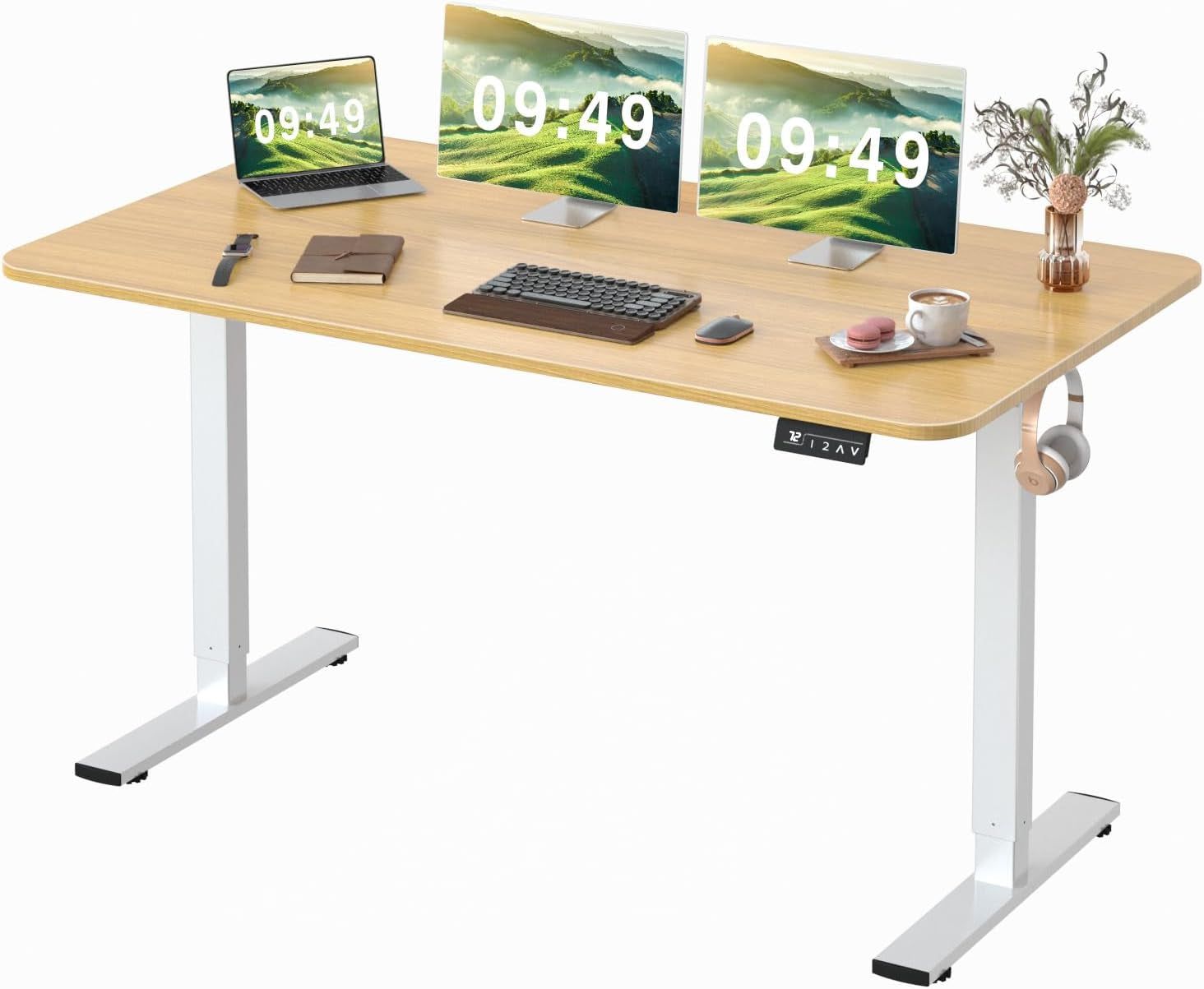 Electric Height Adjustable Standing Desk Large 55 X 24 Inches Sit Stand up Desk Home Office Computer Desk Memory Preset with T-Shaped Metal Bracket, Light Wood