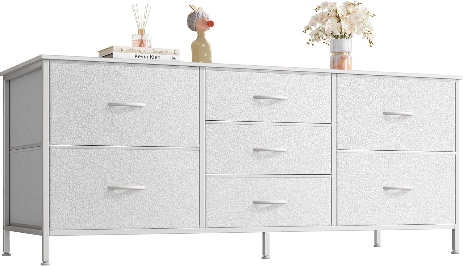 Dresser with 7 Fabric Drawers, 47 Inch Dresser TV Stand for 43, 50, 55 Inch TV, Dresser Chest of Drawers, PU Leather, Metal Frame, Storage Dresser for Bedroom, Nursery, Clothing, White Dresser