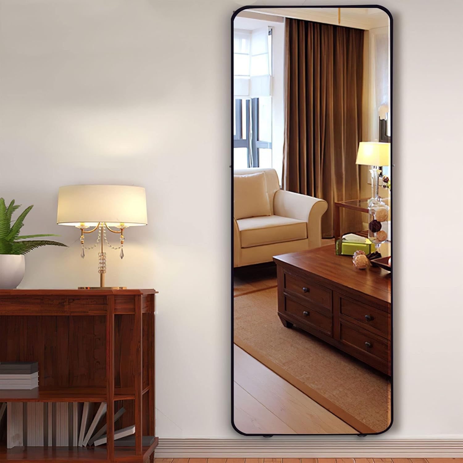 Full Length Mirror, Wall-Mounted Mirror, 65&quot;X22&quot;, Aluminum Alloy Thin Frame, Hanging or Leaning against Wall, Dressing Mirror, Large Rectangle Bedroom Mirror, Black(Round Corners)