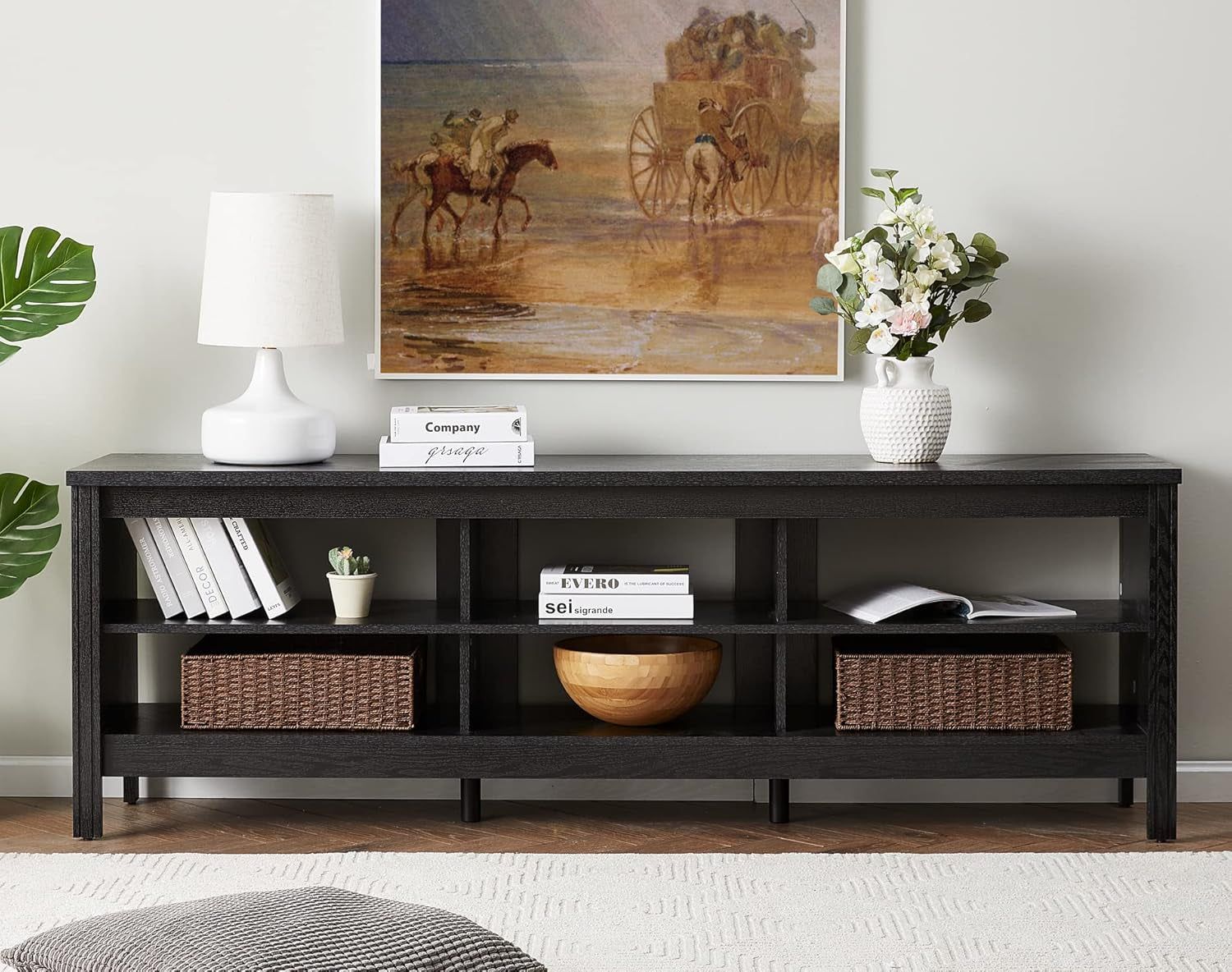 Farmhouse TV Stand for 75 Inch TV, Wood Entertainment Center TV Console Table with 6 Storage Shelf for Bedroom, 70 Inch Media Table for Living Room, Black