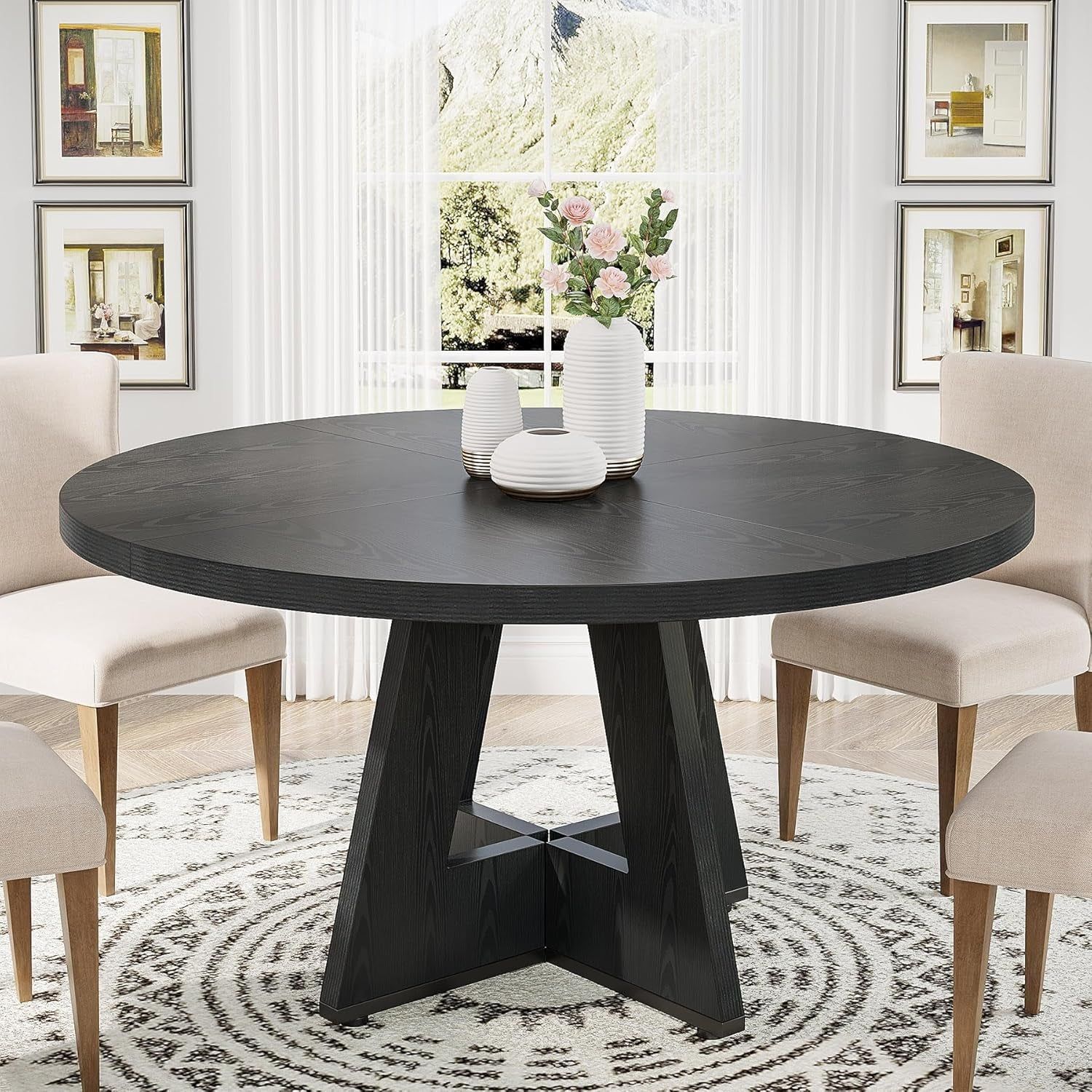 round Dining Table Wood Kitchen Table for Dining Room Living Room, 47 in Dinning Room Tables for 4 Man, Farmhouse Dinner Table with Wooden Tabletop and Cross Base, Black(Only Table)