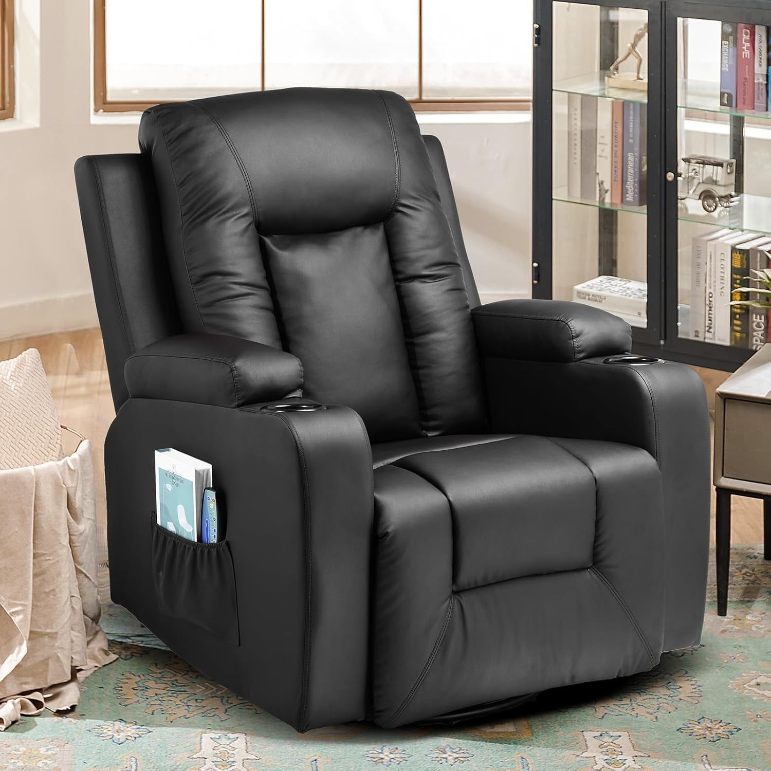 Recliner Chair, PU Rocking Chair for Adults, Swivel Recliner with Cup Holders, Heat and Massage, Single Sofa Seat with Side Pockets for Living Room, Bedroom (Black)