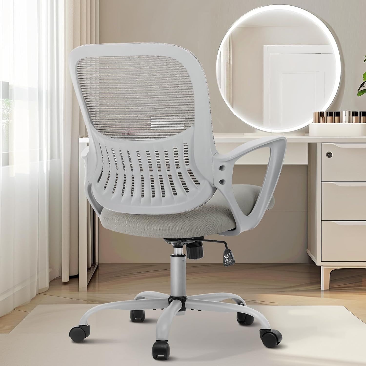 Office Computer Desk Managerial Executive Chair, Ergonomic Mid-Back Mesh Rolling Work Swivel Chairs with Wheels, Comfortable Lumbar Support, Comfy Arms for Home,Bedroom,Study,Student,Grey