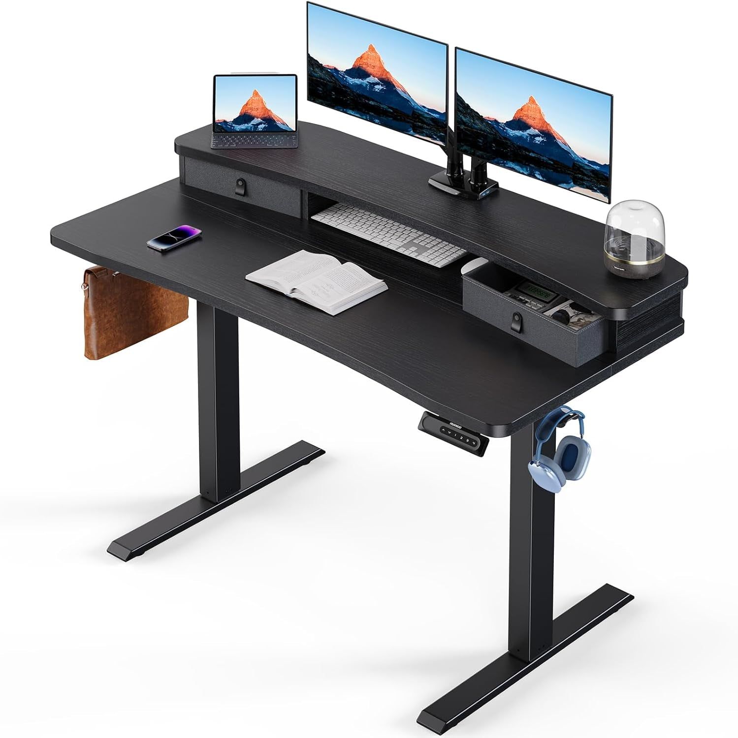 48″ X 24″ Electric Standing Desk with 2 Drawers, C-Clamp Mount Compatible, Height Adjustable Computer Desk, Home Office Stand up Desk with 4 Preset Heights &amp; 2 Hooks, Black