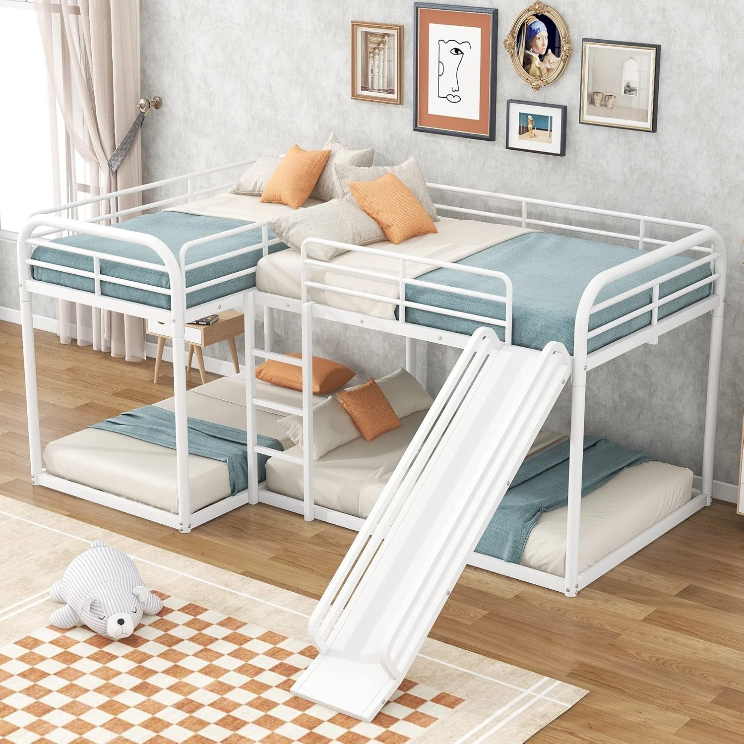 L-Shape Bunk Beds with Slide, Quad Bunk Bed for 4, Metal Twin Size Bunk Bed Attached with Full Size Bunk Bed Frame, Modern Corner Bunked for Multi-Kids Boys Girls Teens (White)