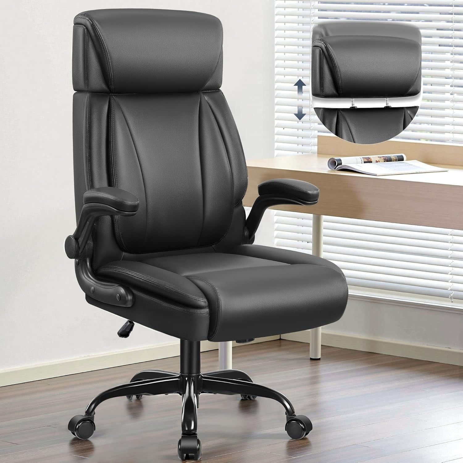 Big Tall Leather Office Chair, Lumbar, Flip-Up Arms