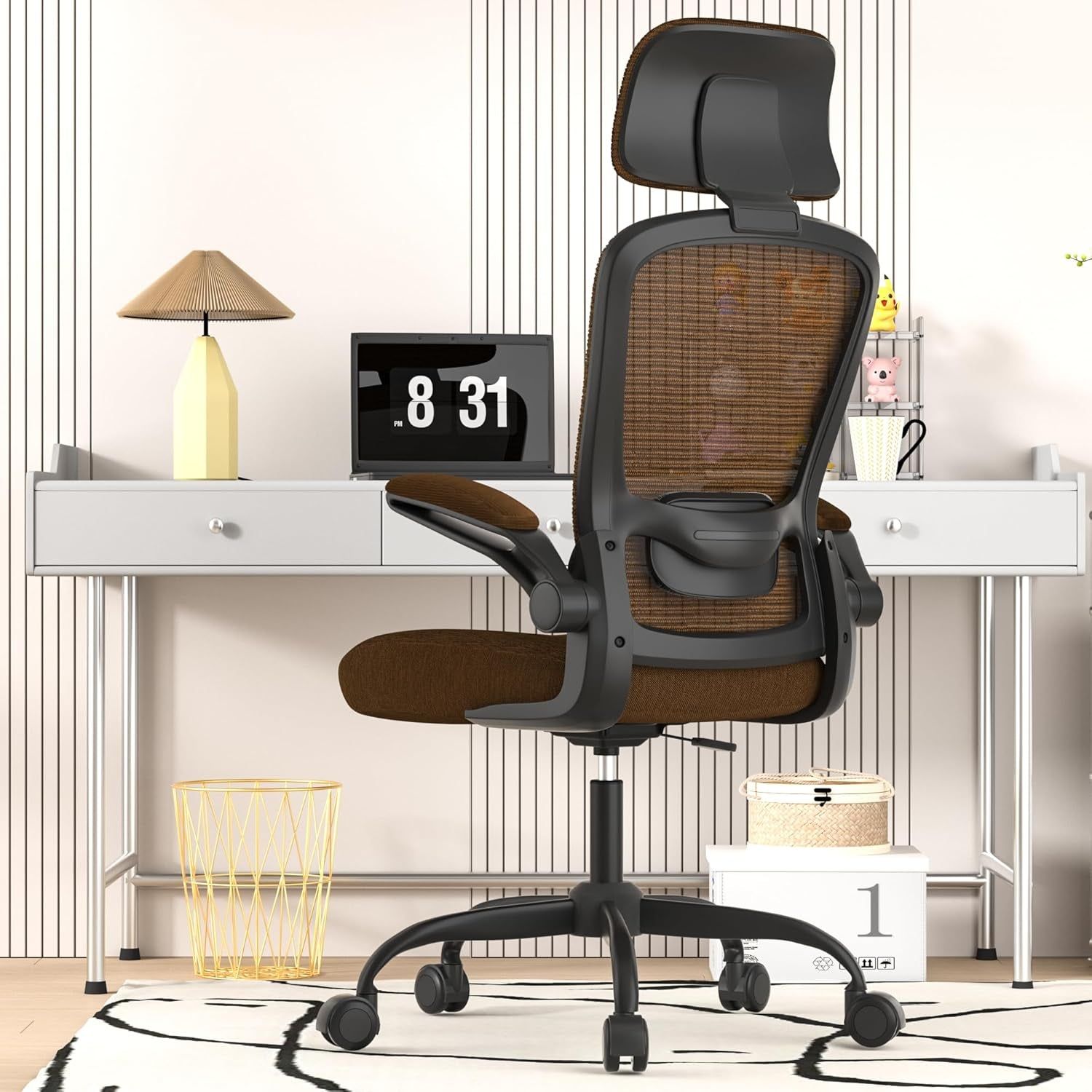 Ergonomic Mesh Office Chair, High Back Computer Desk Chair with Adjustable Lumbar Support &amp; Headrest, Swivel Task Chair with Flip-Up Armrests for Home &amp; Office (English, Brown)