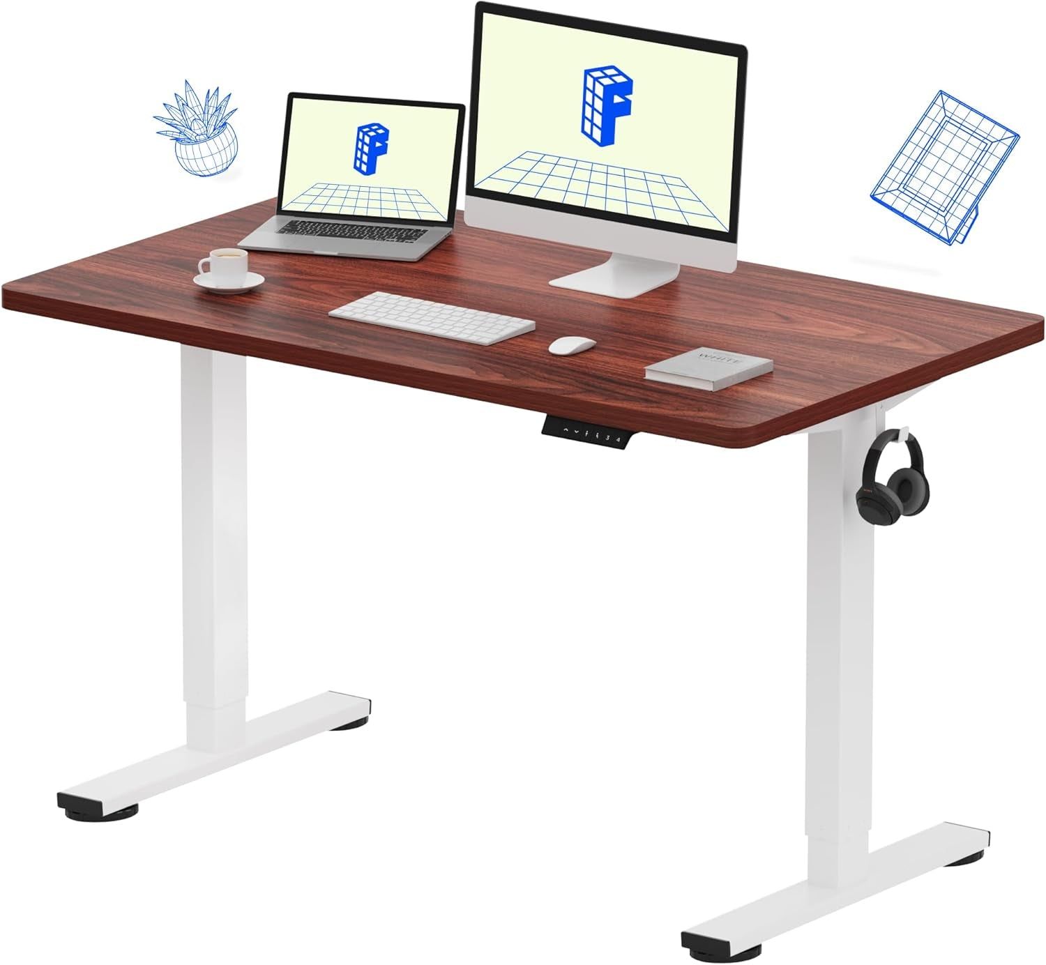 EN1 One Piece Standing Desk 48 X 24 Inch Desktop Electric Adjustable Height Desk Home Office Computer Workstation Sit Stand up Desk (White Frame + 48&quot; Mahogany Top, 2 Packages)