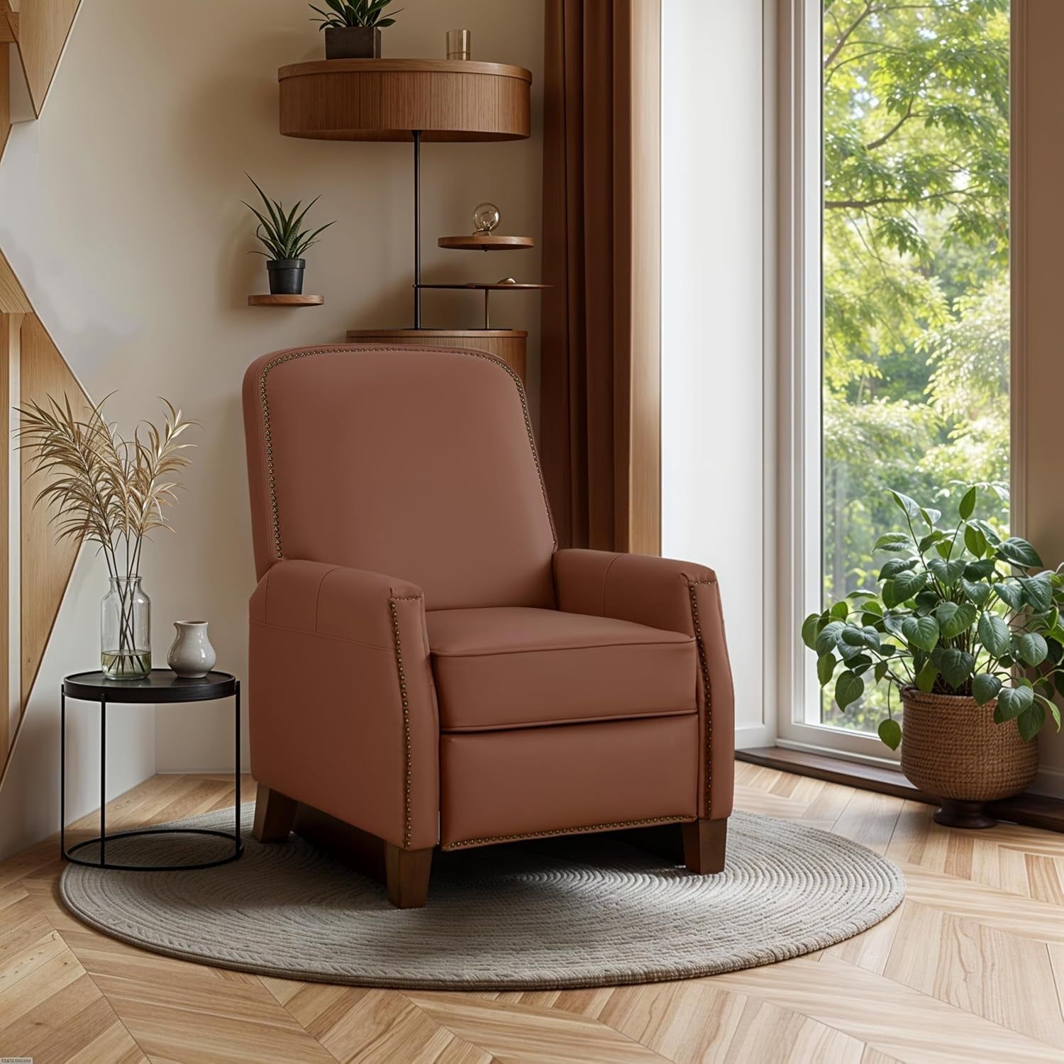 Pushback Chair, Mid-Century Modern Faux Leather Recliner Chair for Bedroom, Adjustable Single Upholstered Sofa with Brass Nailhead Trim, Recliners Armchair for Living Room, Brown