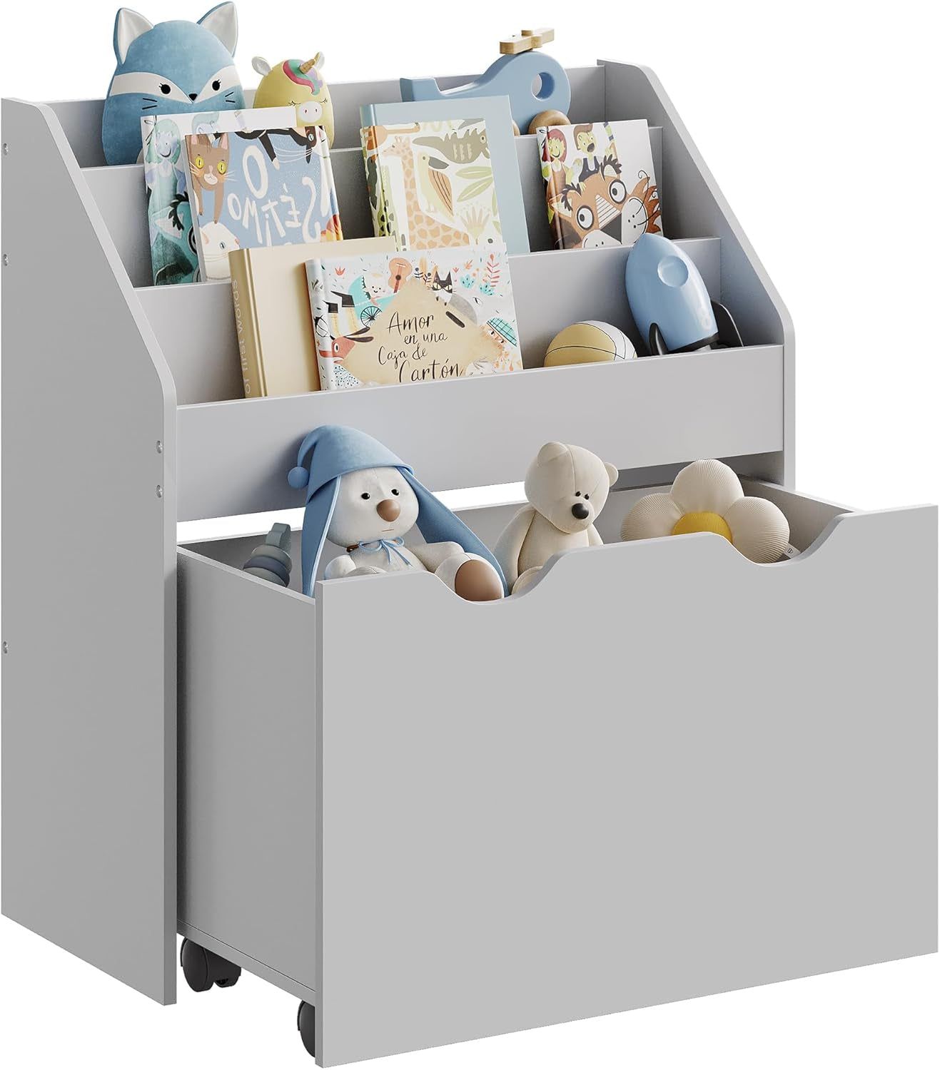 Kids Bookshelf and Toy Organizer, Toy Storage Chest and Bookcase with 3 Shelves, Storage Box with Wheels, Multipurpose, for Children&#39;S Room and Playroom, Dove Gray UGKR041G10