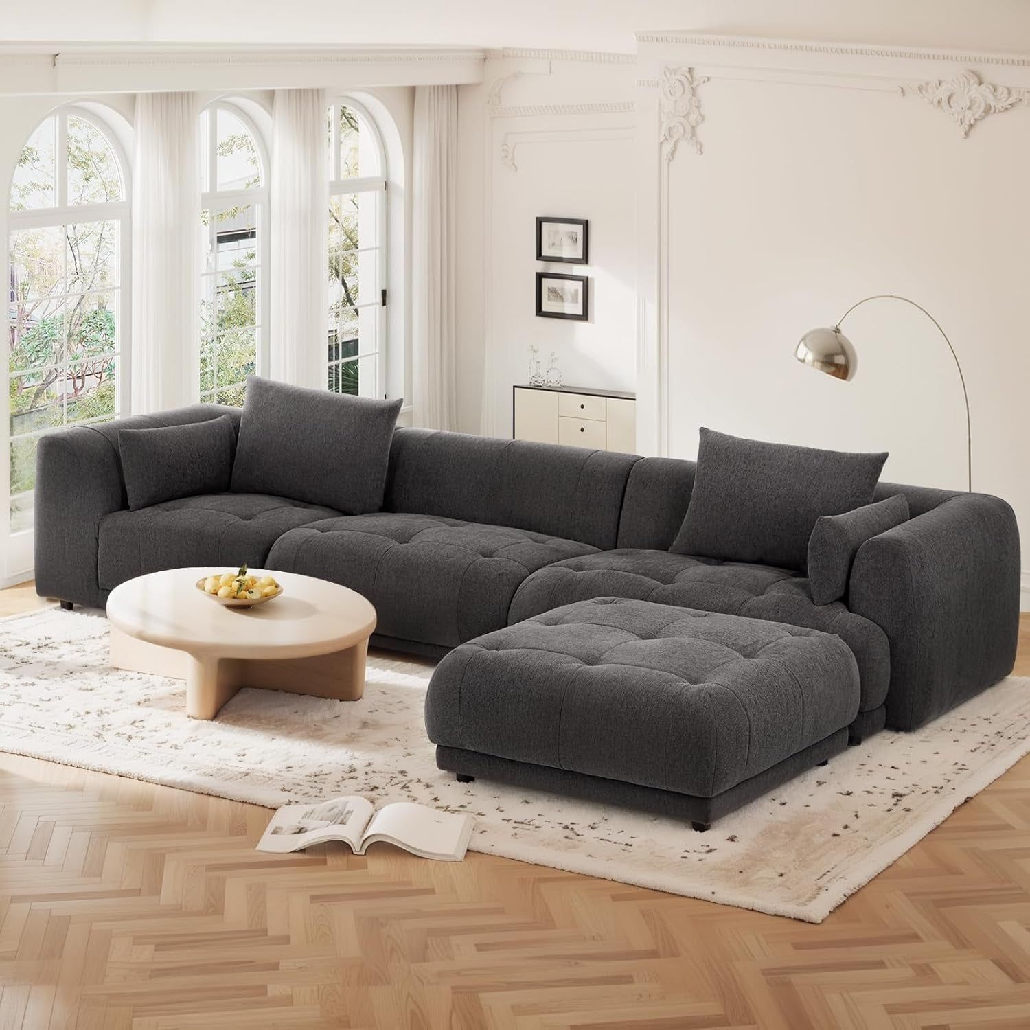 144&quot; Cloud Sectional Couch with Ottoman,Modular Sectional Sofa with 3 Large Seat and 1 Ottoman for Living Room, Chenille, Gray
