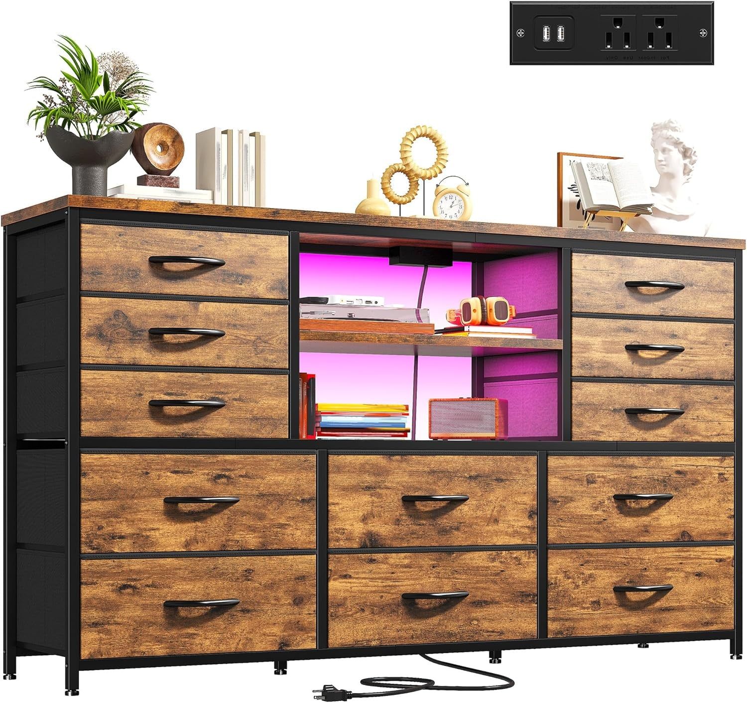 Dresser with LED Lights &amp; Power Outlets, 12 Drawers Dresser TV Stand for 60&#39;&#39;TV for Bedroom Dresser Fabric Dressers &amp; Chest of Drawers, Sturdy Long Dresser for Closet Living Room,Hallway