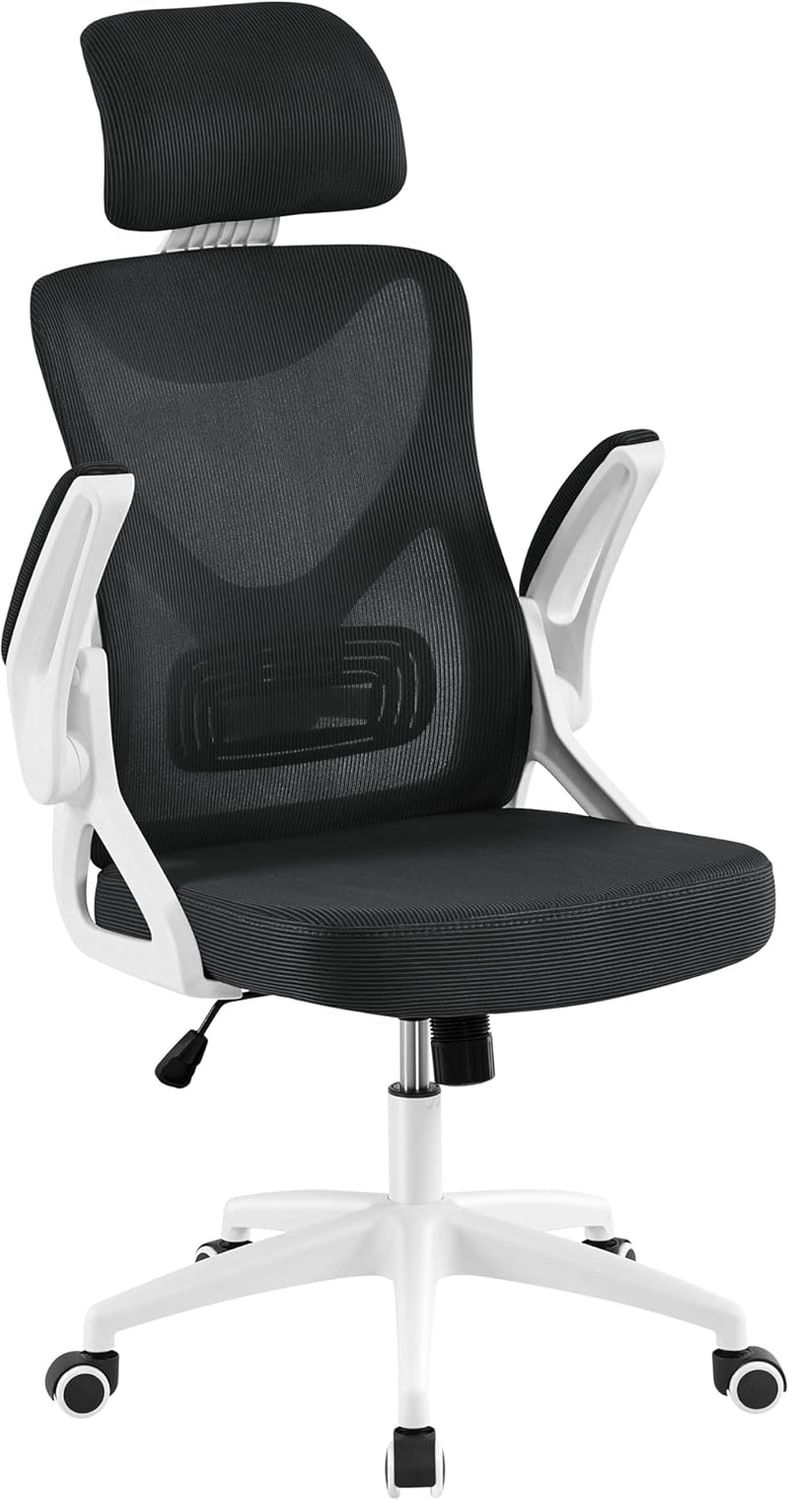 Ergonomic Mesh Office Chair, High Back Desk Chair with with Flip-Up Armrests, Adjustable Padded Headrest Computer Chair with Lumbar Support for Home Oiffce Game Room, White/Black