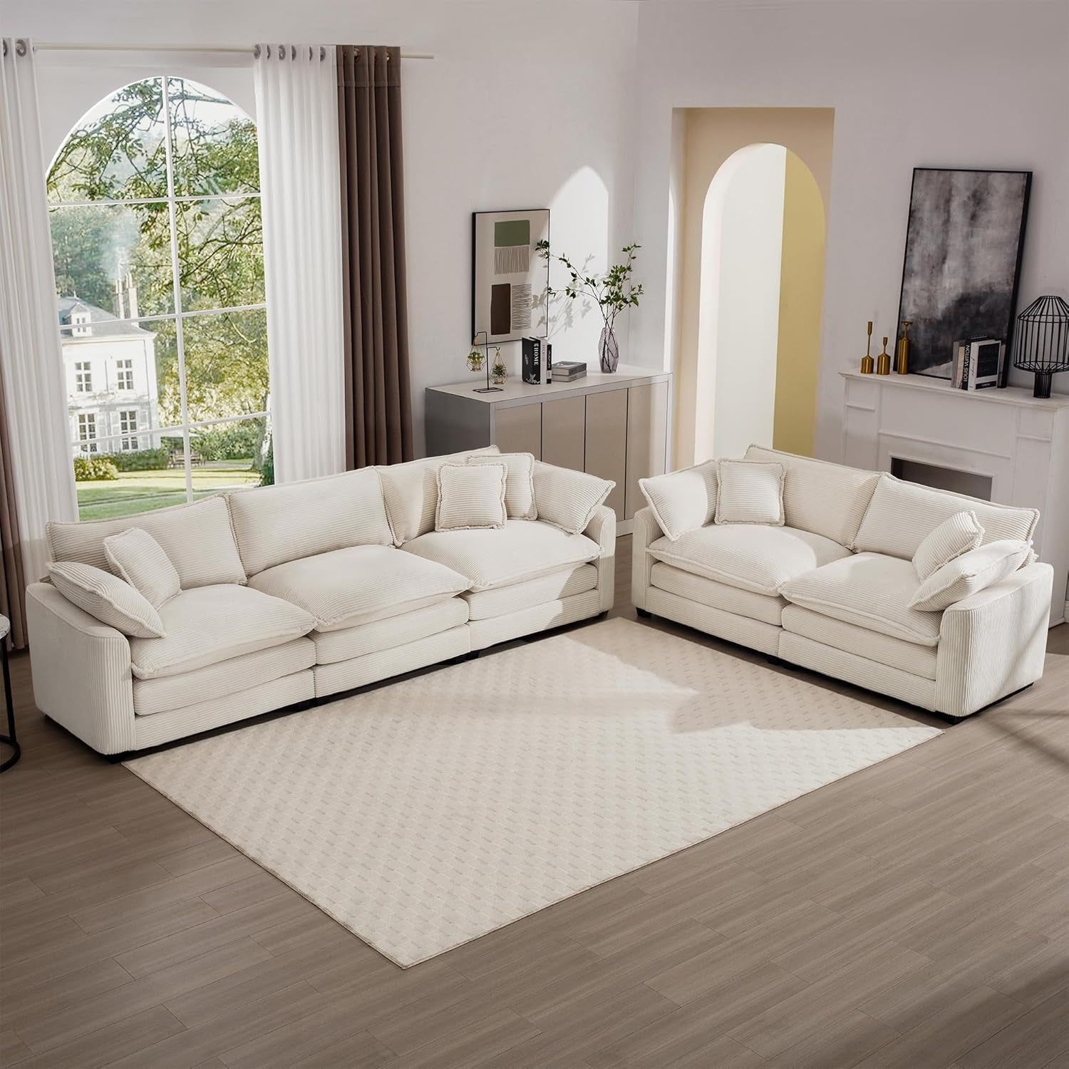 Oversized 2 Piece Sofa Set for Living Room, 3-Seater &amp; Loveseat Couch, Modular Sectional Deep Seat Corduroy Comfy Cloud Couches with 4 Armrest Pillows and 5 Toss Pillows, Beige