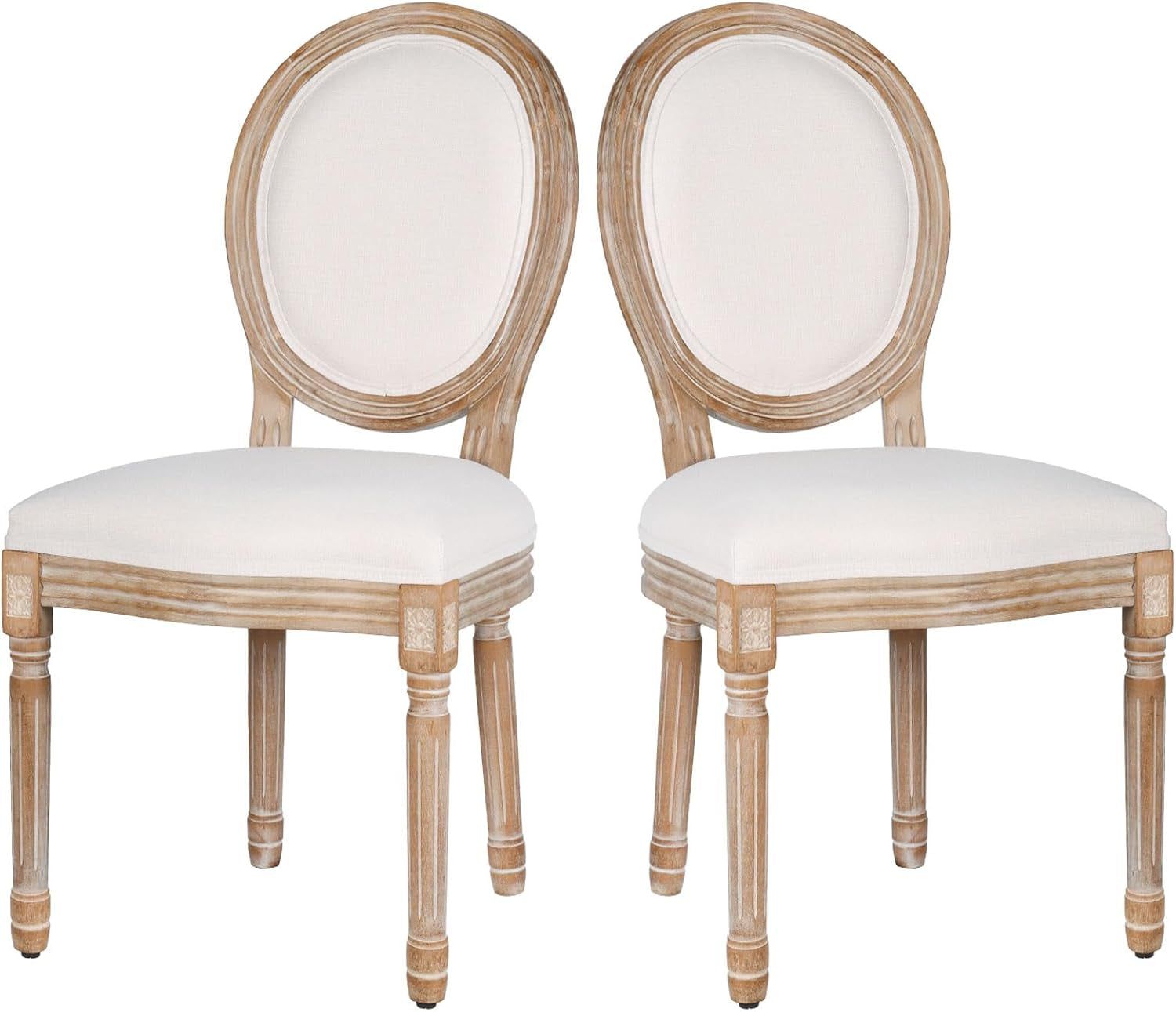Dining Chairs Set of 2 Beige Fabric Square Back with Solid Wood Legs and Frame for French Country Kitchen Dining Room
