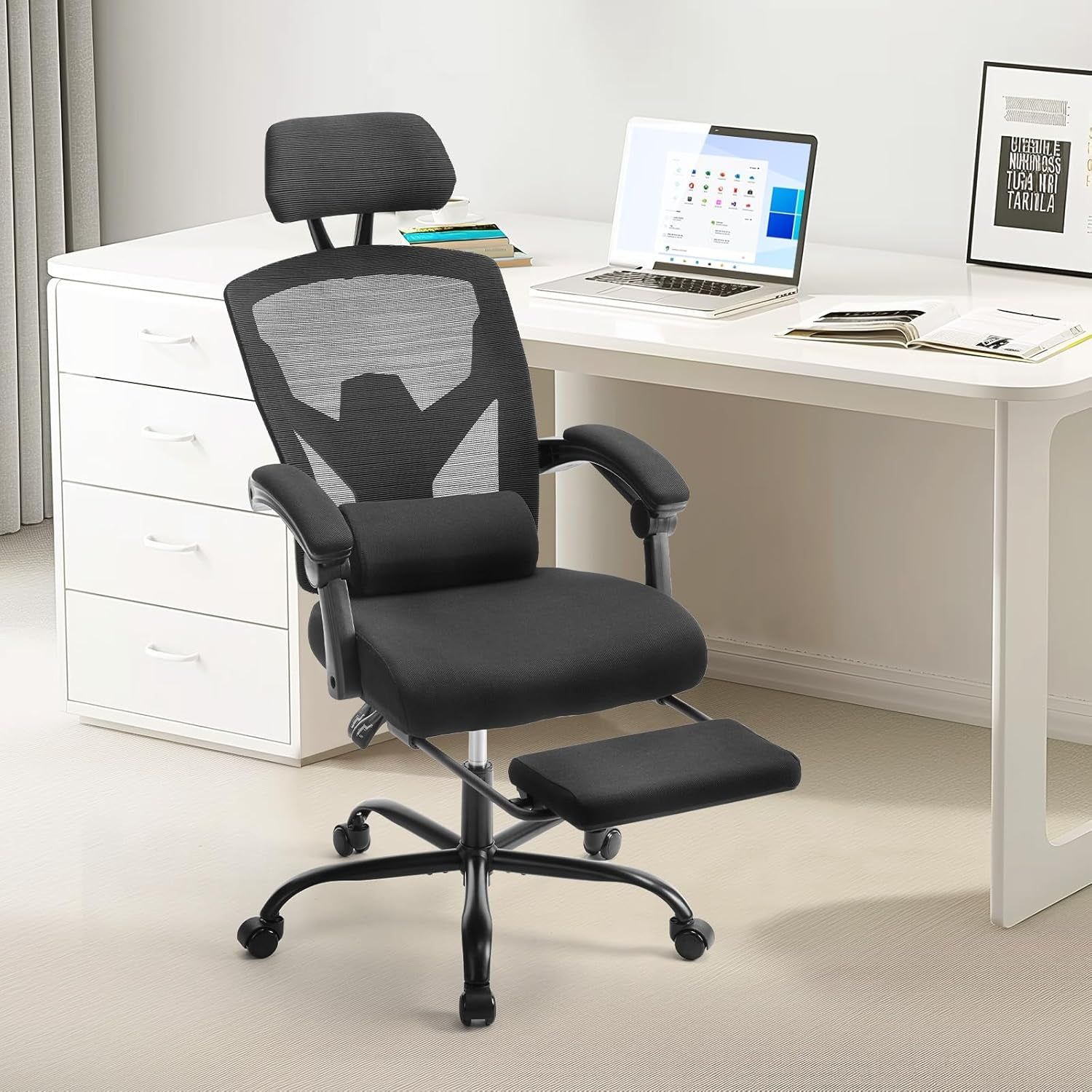 Office Computer Desk Chair, Ergonomic High-Back Mesh Rolling Work Swivel Chairs with Wheels, Comfortable Lumbar Support, Comfy Arms for Home, Bedroom, Study, Student, Black