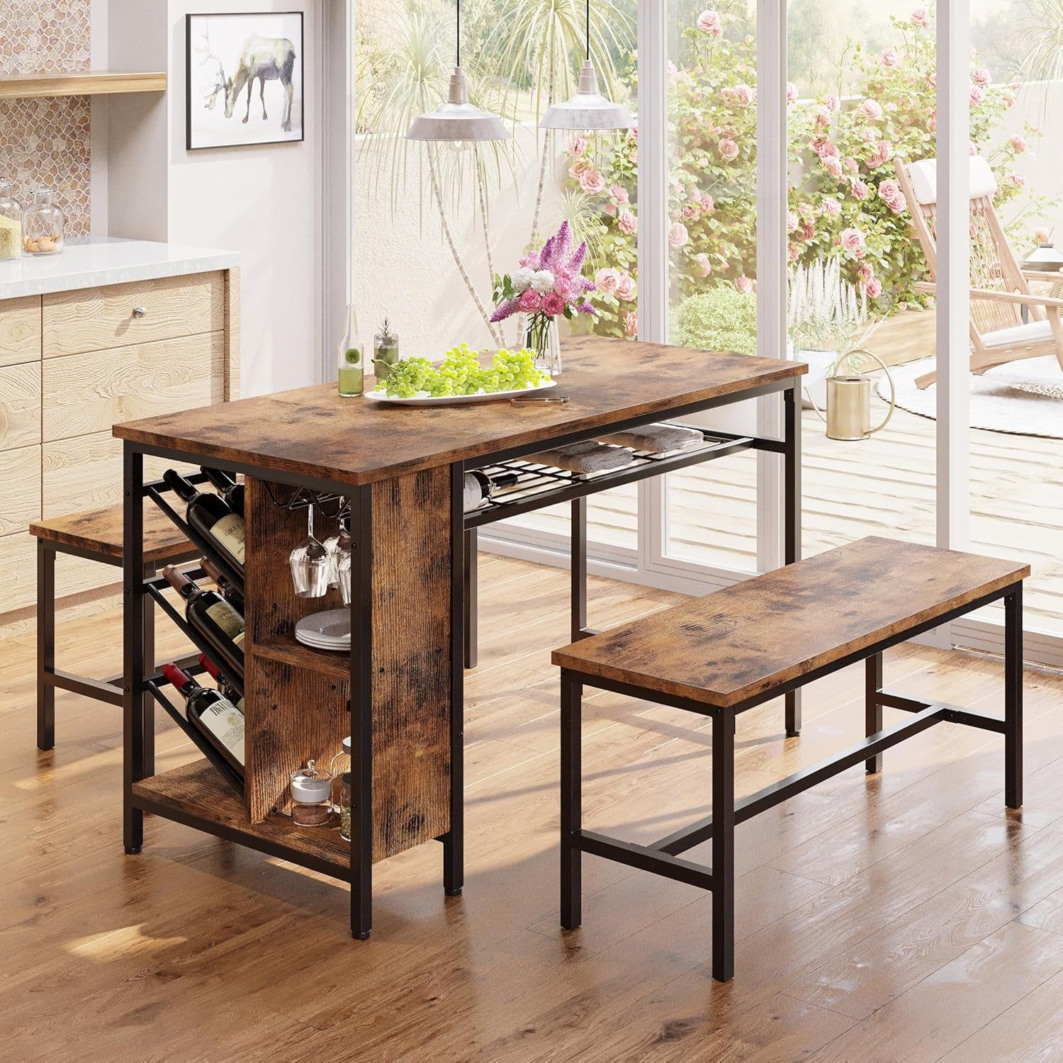 3-Piece Dining Table Set for 4, 47Inch Kitchen Table with 2 Benches, Wine Rack and Glass Holder, Space-Saving Dinette for Dining Room, Apartment, Vintage Brown