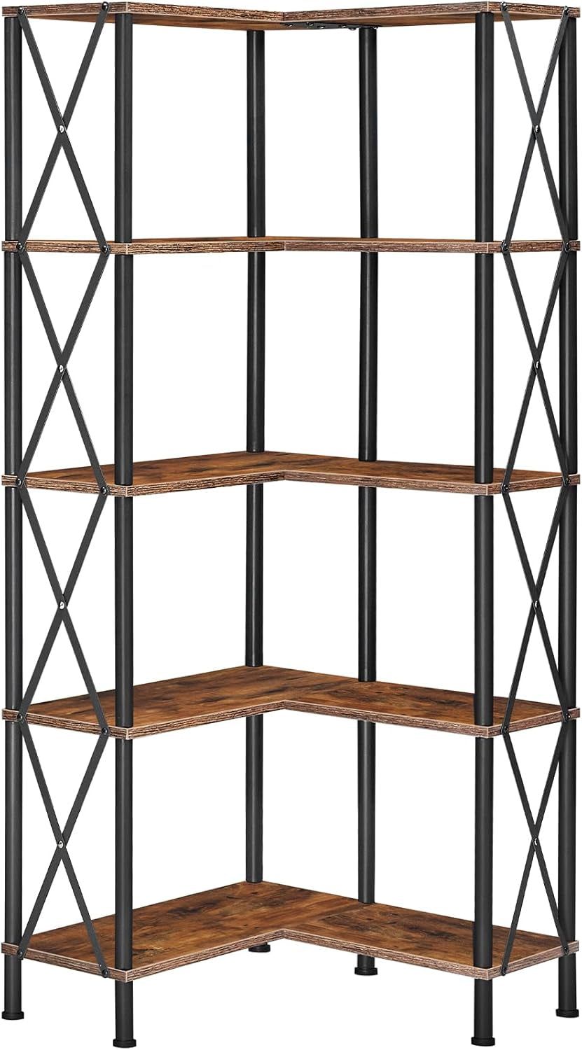 Corner Bookshelf, 5-Tier L-Shaped Bookcase, Industrial Open Display Shelf Tall Storage Organizer, Vertical Storage Rack, for Living Room, Home Office, Rustic Brown and Black BF60SJ01