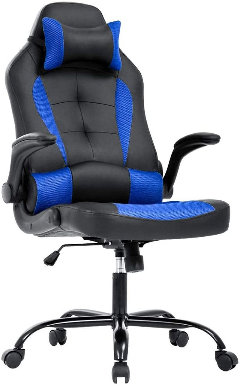 Gaming Chair Office Chair Desk Chair with Lumbar Support Flip up Arms Headrest PU Leather Swivel Rolling Adjustable High Back Racing Computer Chair for Women Men Adults,Blue