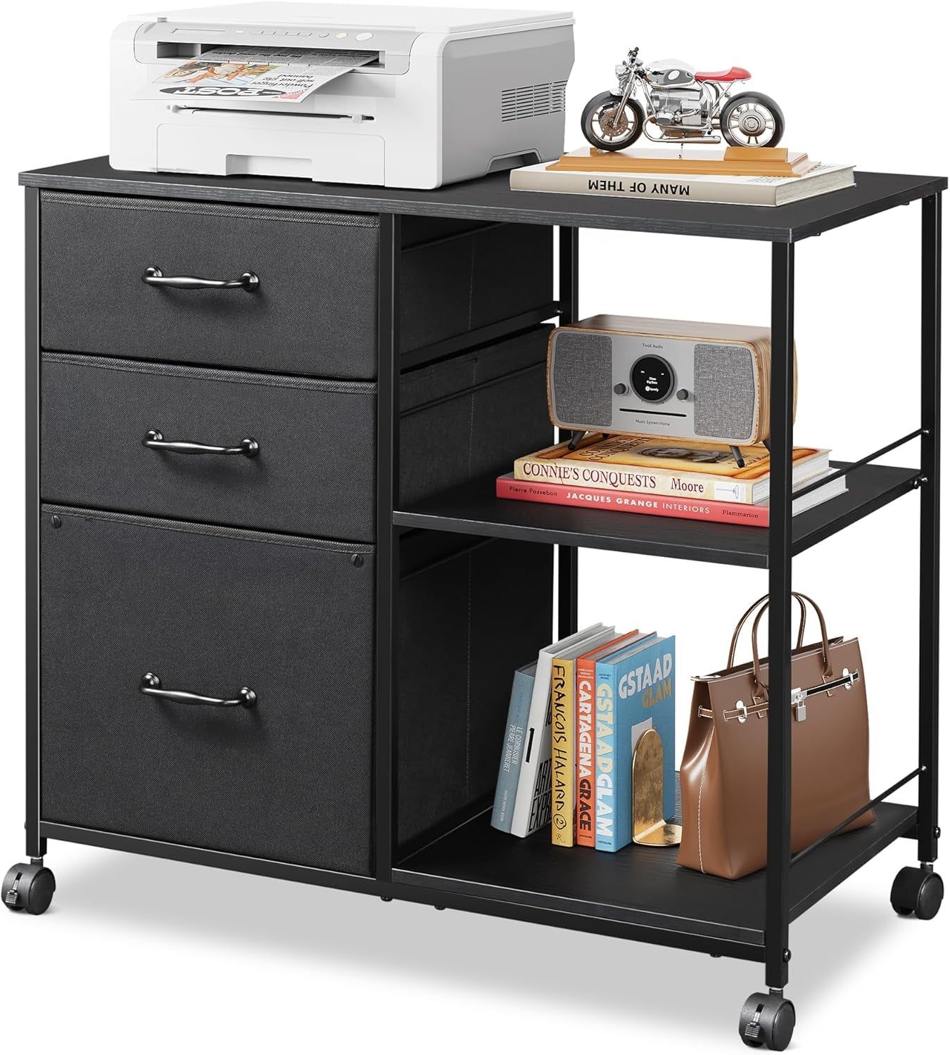 3 Drawer Mobile File Cabinet, Rolling Printer Stand with Open Storage Shelf, Fabric Lateral Filing Cabinet Fits A4 or Letter Size for Home Office, Black