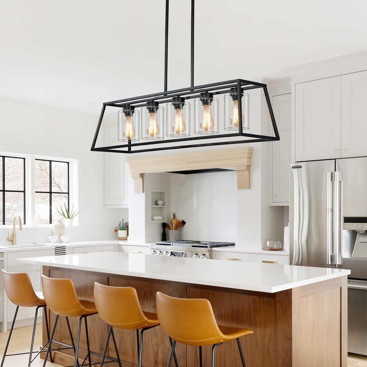 Kitchen Island Lighting, 5-Light Black Chandeliers for Dining Room Light Fixtures over Table, Rectangle Island Lights for Kitchen with Cylinder Clear Glass, Chandelier for Kitchen