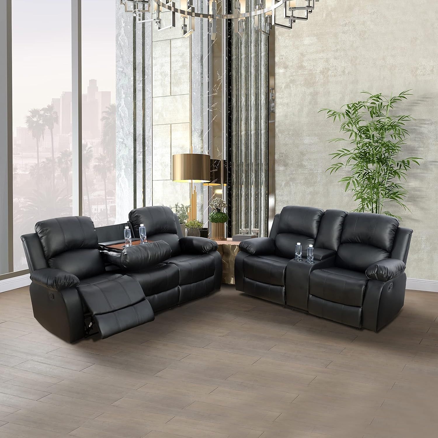 Alpine Living Room Recliner Set Include Love Seat, Sofa, 2-Piece,Black