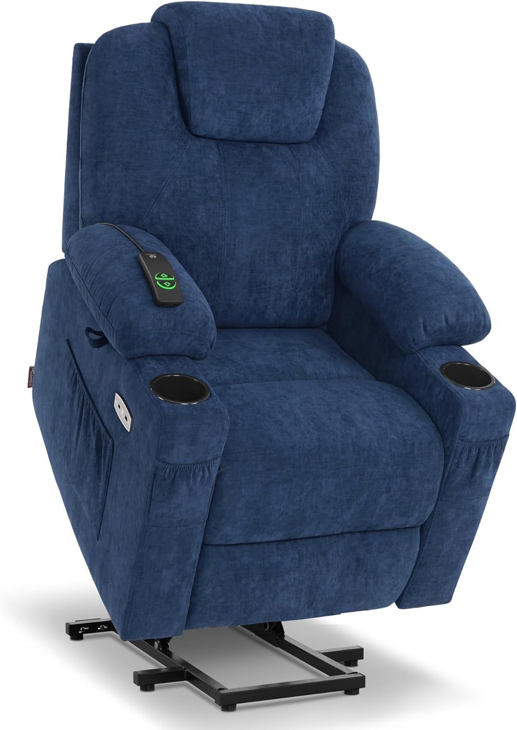 Small Power Lift Recliner Chair Sofa with Massage and Heat for Petite Elderly, 3 Positions, Cup Holders, and USB Ports, Extended Footrest, Fabric 7141 (Admiral)