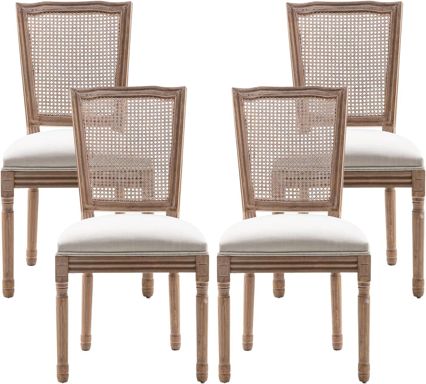Farmhouse Dining Room Chairs Set of 4, French Dining Chairs with Square Rattan Back, Solid Wood Legs, French Bistro Chairs for Dining Room/Living Room/Kitchen/Restaurant