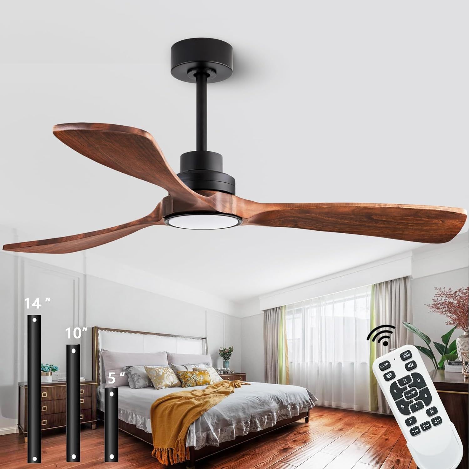 52&quot; Wood Ceiling Fan, (With Light with Remote Control) with 3 Solid Wood Blades, Wooden Ceiling Fan for Indoor and Outdoor Use, Suitable for Living Room, Dining Room, Patio and More.