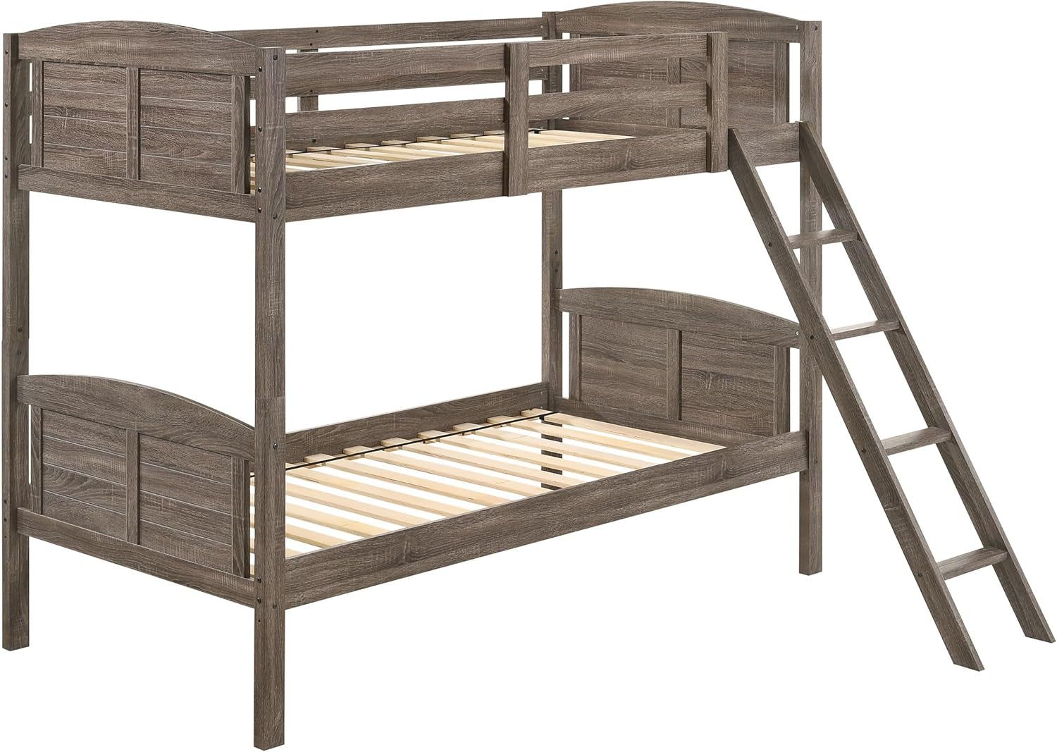 Flynn Farmhouse Wood Twin over Twin Size Bunk Bed Frame with Ladder and Guardrails Fully Slatted Mattress Ready Foundation Weathered Brown 400808