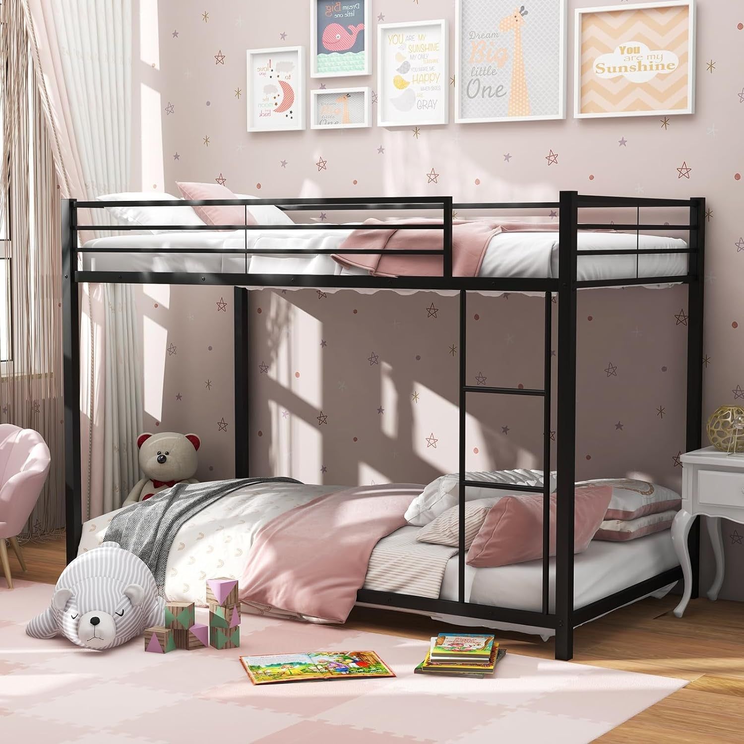 Metal Bunk Bed Twin over Twin, Classic Bunk Bed Frame with Safety Guard Rails &amp; Side Ladder, Heavy Duty Space-Saving Design, Easy Assembly, Bunk Bed Frame for Kids (Black)