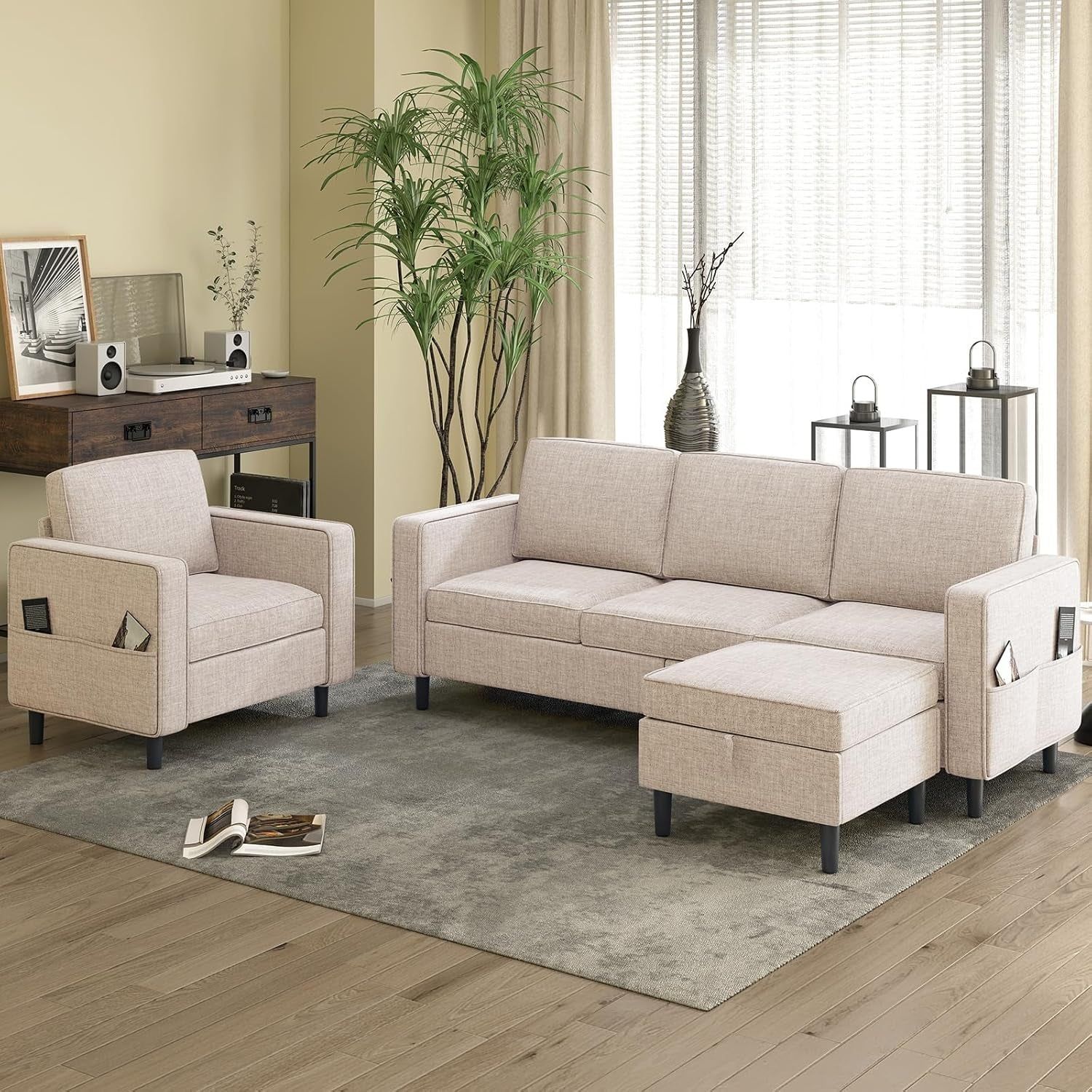 2 Piece L Shaped Sectional Sofa Sets for Living Room, 3-Seater Couch with Storage Ottoman and Armchair, Linen Fabric Convertible Sectional Couches Furniture Sets for Apartment