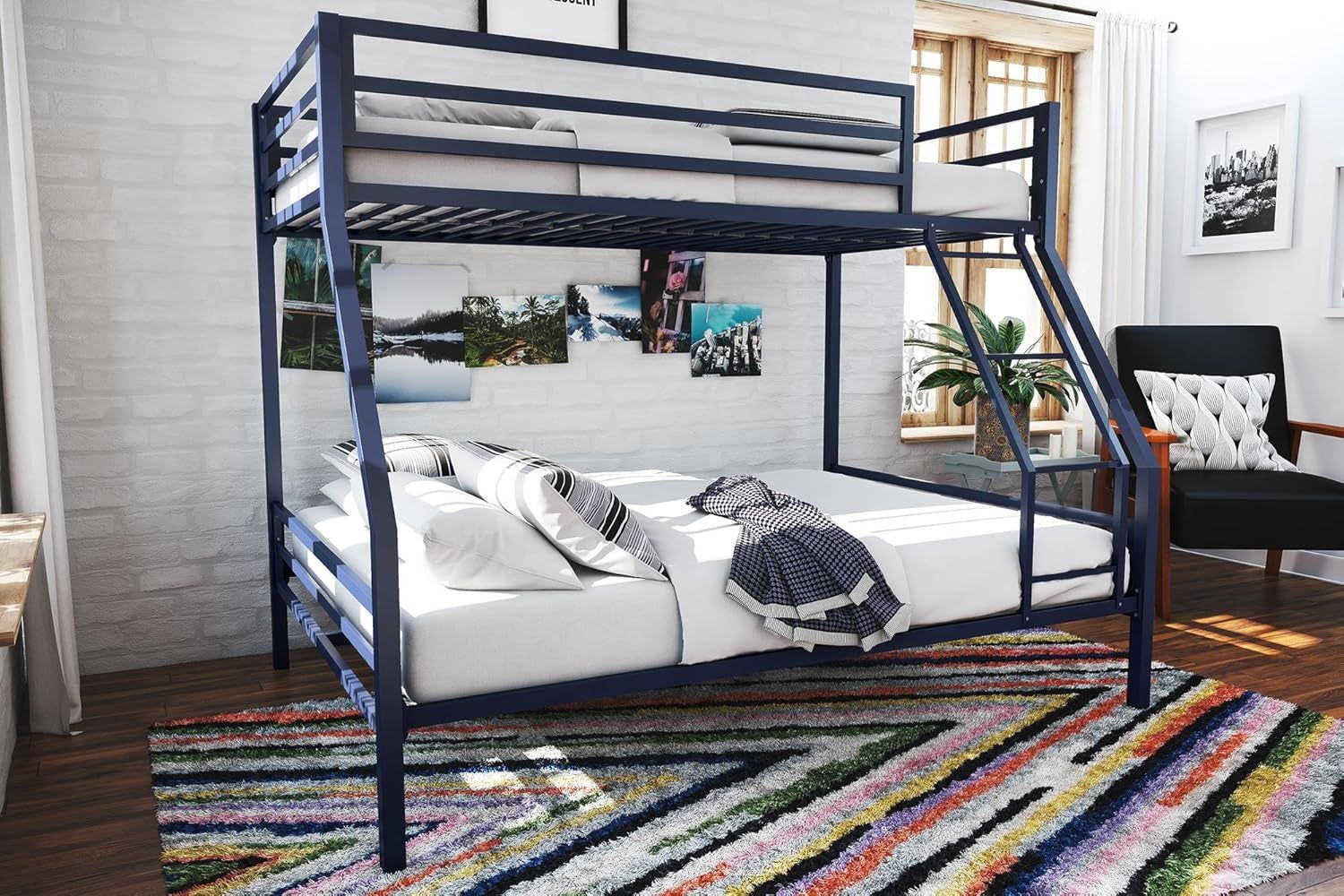 Maxwell Twin-Over-Full Metal Bunk Bed with Ladder and Guardrails, Navy Blue