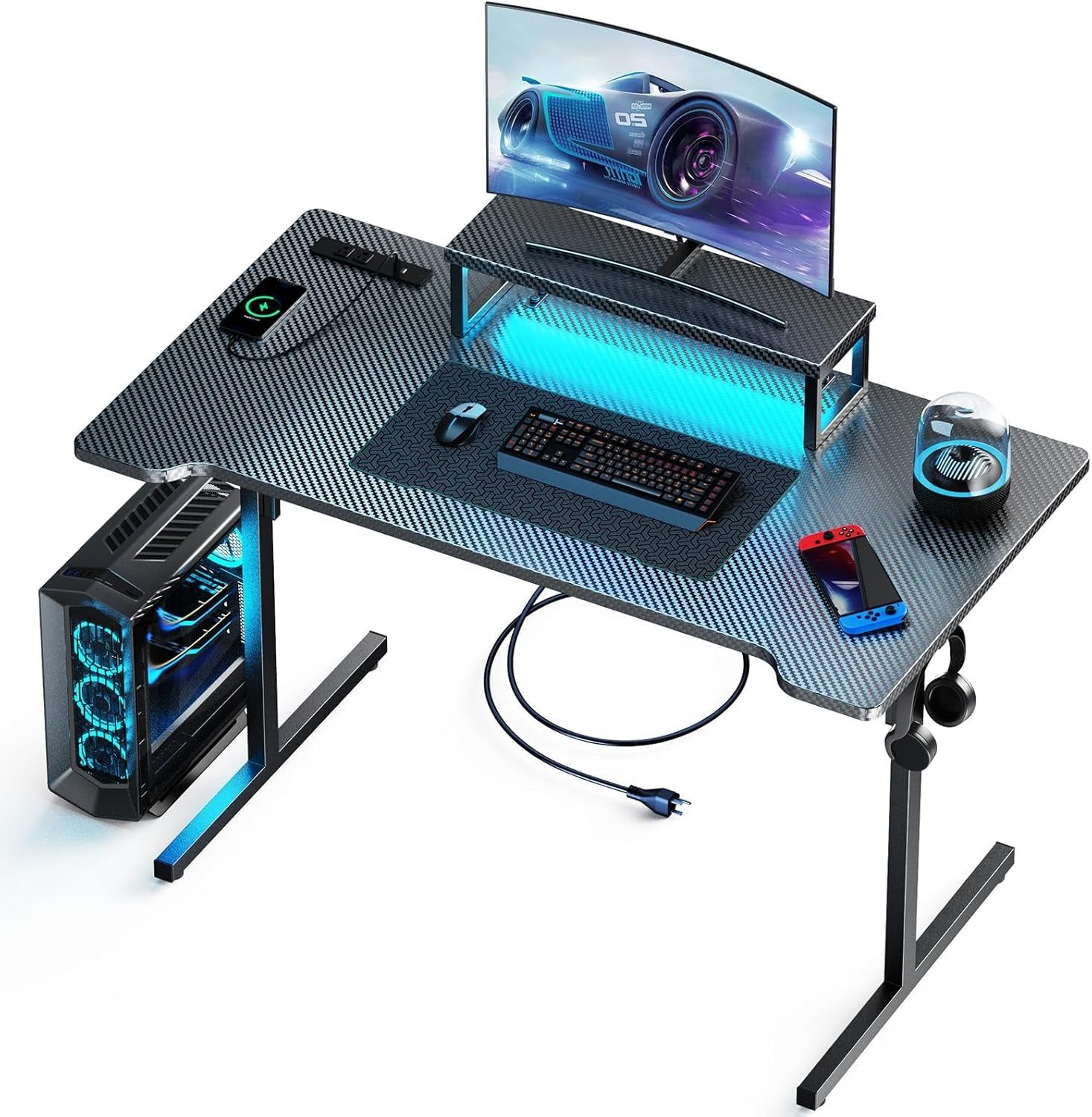 Small Gaming Desk with LED Lights &amp; Power Outlets, 55 Inch Computer Desk with Monitor Stand, PC Gaming Table with Carbon Fiber, Black
