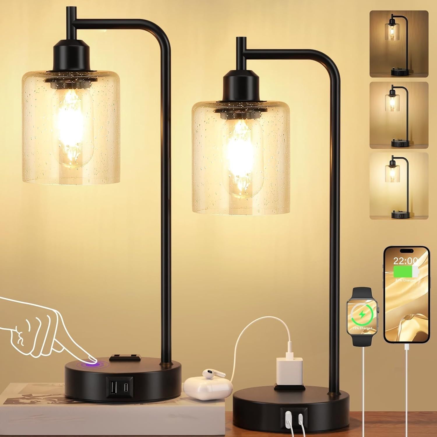 Industrial Touch Table Lamps for Bedrooms Set of 2 - 3-Way Dimmable Lamps with USB C+A Ports and Outlet, Black Bedside Lamps with Seeded Clear Glass Shade for Living Room, Desk Lamps for Home Office