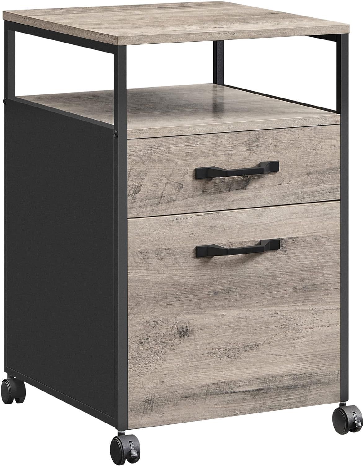 File Cabinet, Mobile Filing Cabinet with Wheels, 2 Drawers, Open Shelf, for A4, Letter Size, Hanging File Folders, Heather Greige and Ink Black UOFC071B02