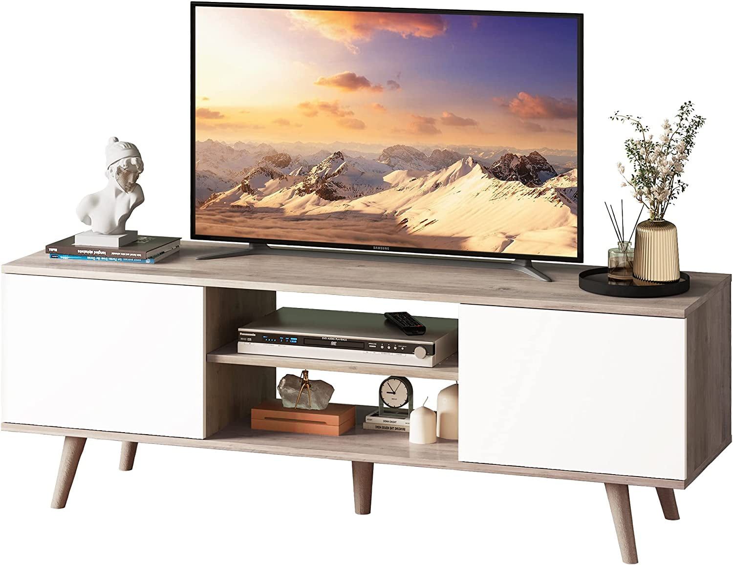 TV Stand for 55 60 Inch TV, Boho Entertainment Center with Storage Cabinets, TV Console for Living Room Decor, Greige White