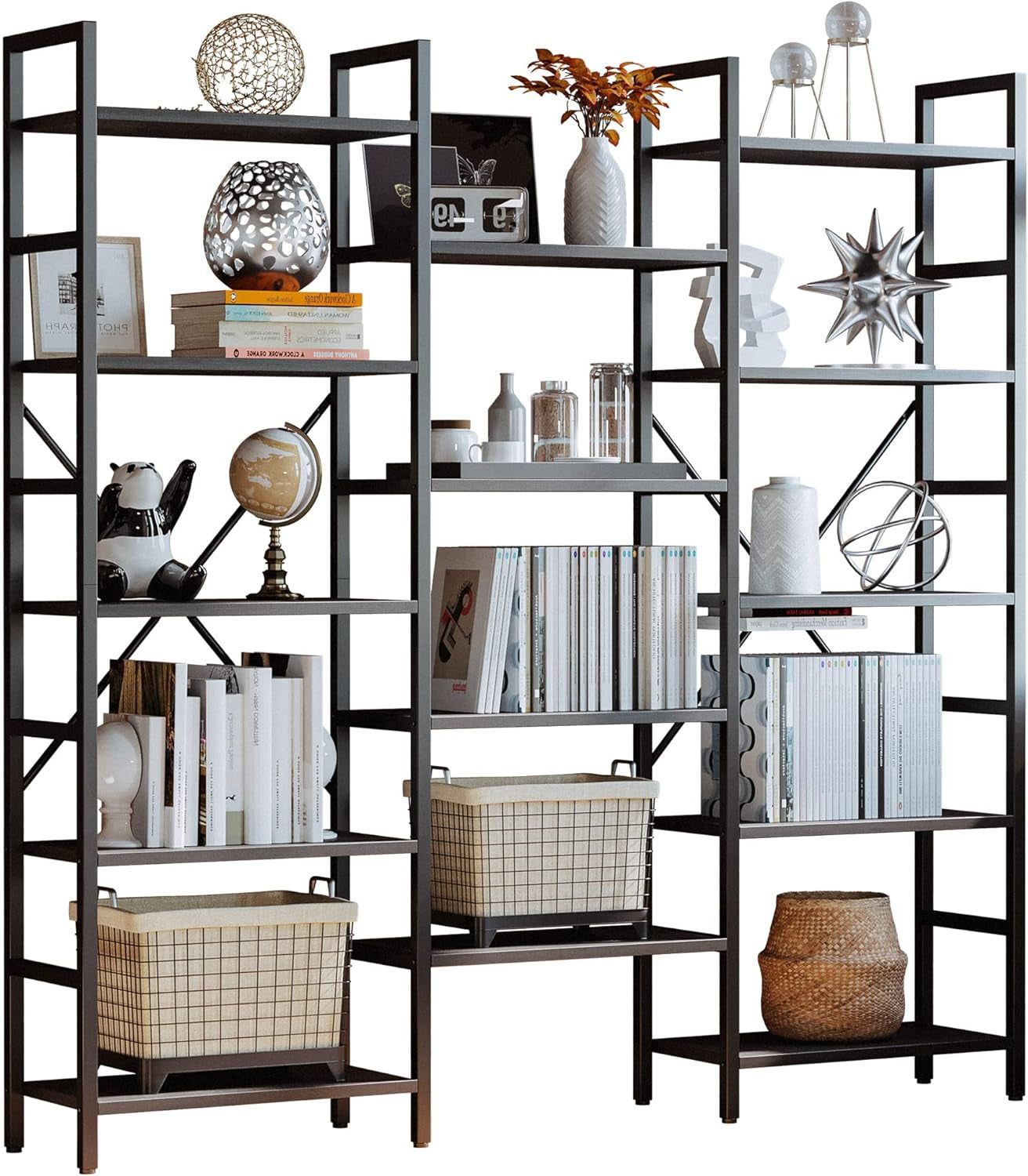 Bookcases and Bookshelves Triple Wide 5 Tiers Industrial Bookshelf, Large Etagere Bookshelf Open Display Shelves with Metal Frame for Living Room Bedroom Home Office