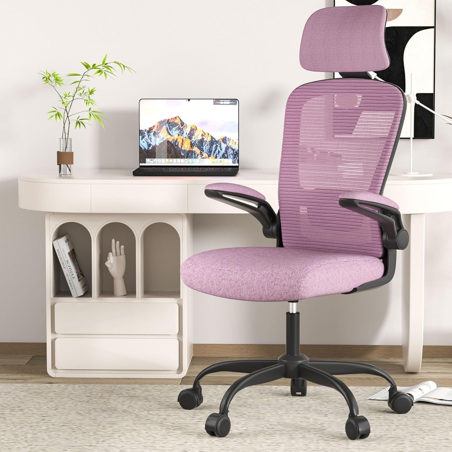 Ergonomic Mesh Office Chair, High Back Computer Desk Chair with Adjustable Lumbar Support &amp; Headrest, Swivel Task Chair with Flip-Up Armrests for Home &amp; Office (English, Light Purple)