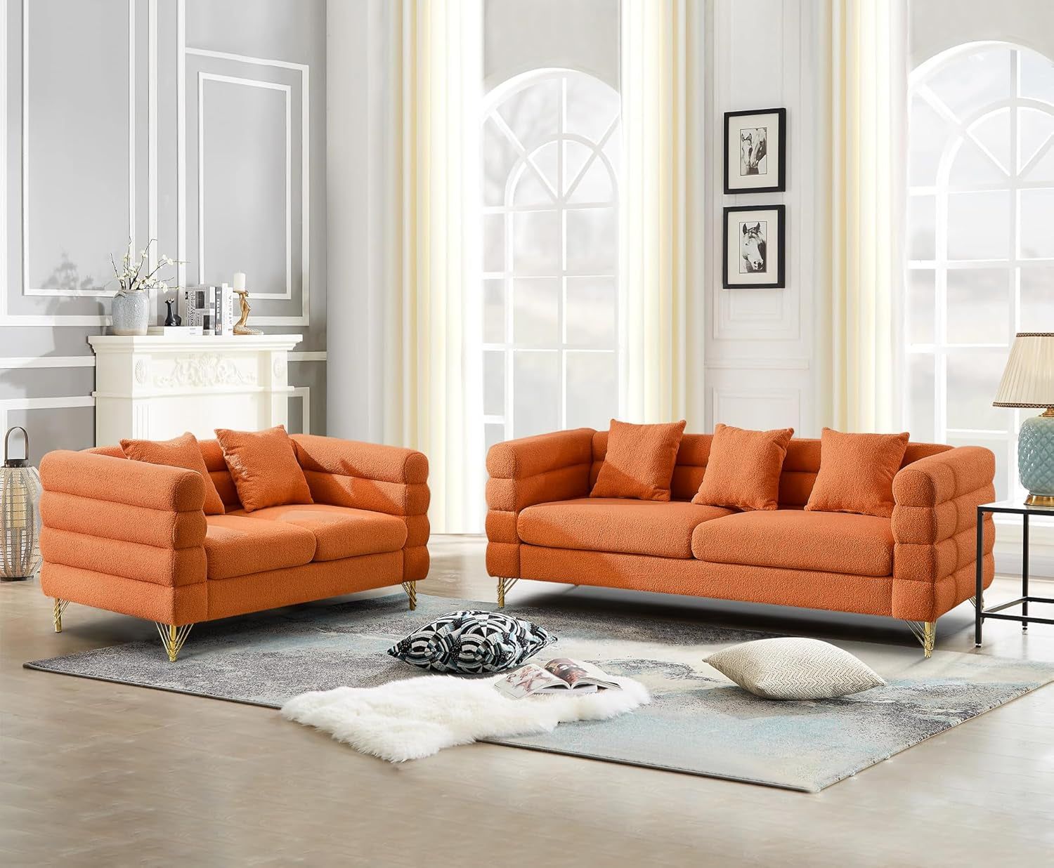 2 Piece Living Room Sofa Set, Comfy Boucle Couch with Loveseat and 3 Seater, Upholstered Sofa Couch with 2 Pillows and Deep Seat Design for Office, Waiting Room, Orange Teddy