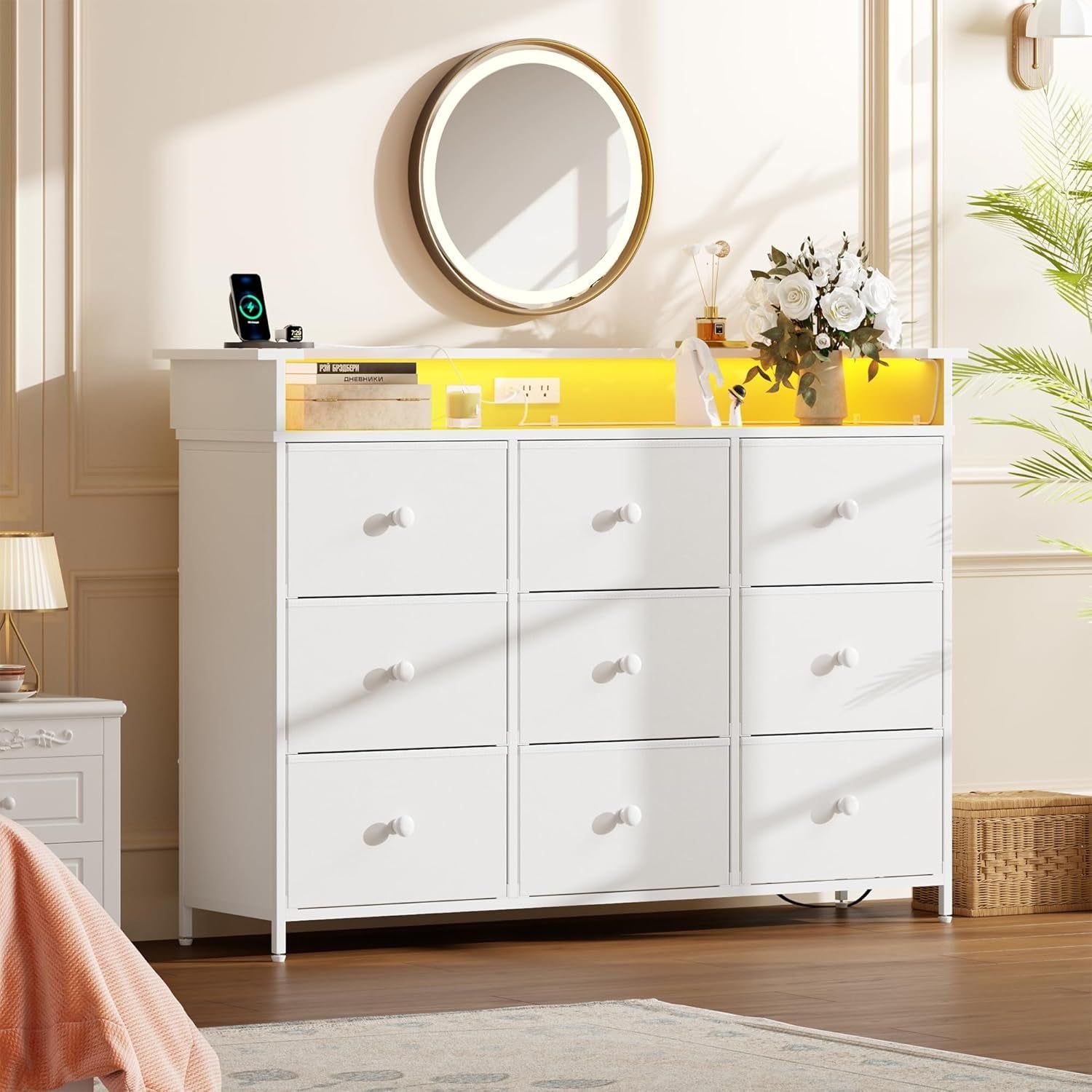 Dresser for Bedroom with 9 Drawer,White Dresser with LED Light,Tv Stand for Bedroom with Charging Station,Chests of Drawers for Bedroom Hallway,Closet (White)