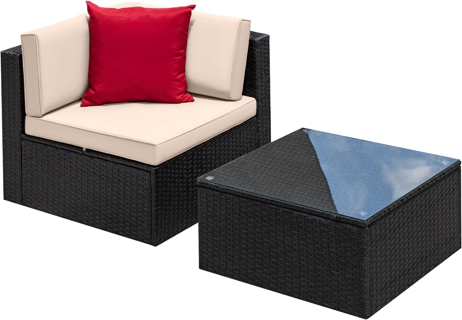 2 Piece Patio Furniture Set, All Weather PE Rattan Outdoor Sofa Set Single Sofa with Table for Garden Lawn Poolside (2 Piece, Beige)