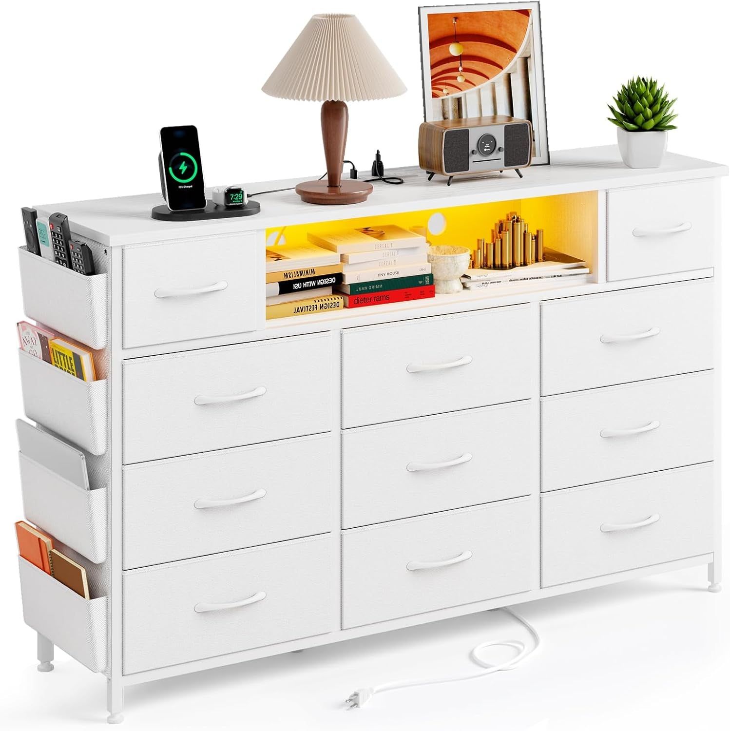 White Dresser for Bedroom with Power Outlets and LED Lights 11 Drawers Dresser with Side Pocket for Kids Bedroom, Fabric Chest of Drawers, for 60Inch TV Long Dresser Storage Organizer