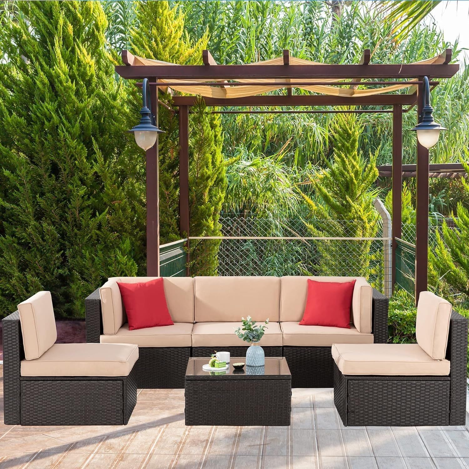 6 Pieces Patio Furniture Sets Outdoor All-Weather Sectional Patio Sofa Set PE Rattan Manual Weaving Wicker Patio Conversation Set with Glass Table&amp;Ottoman Cushion and Red Pillows, Beige