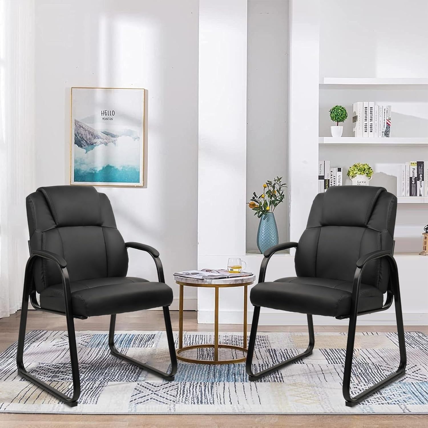 Black Leather Guest Chairs, Padded Arms, Sled Base, 2-Pack