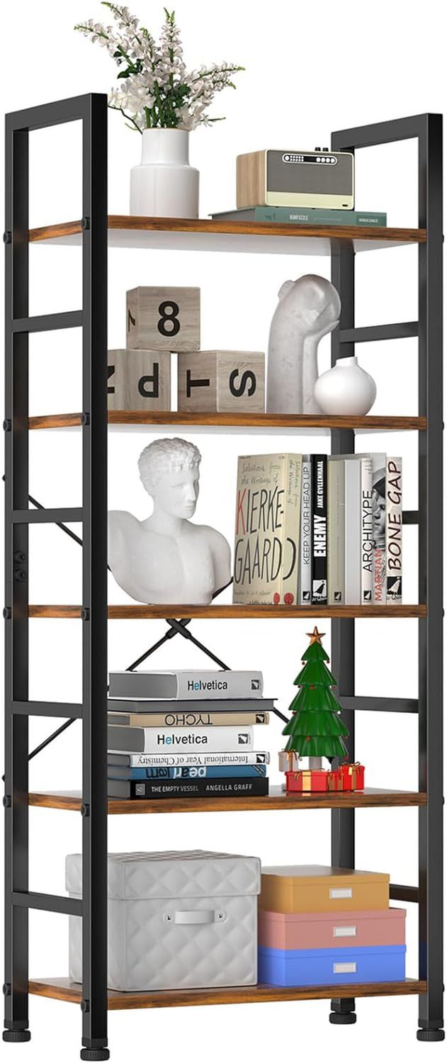 Book Shelf, 5 Tier Bookcase, Modern Tall Bookshelf for Garage Kit, Cds, Movies, Industrial Corner Storage Organizer for Bedroom Home Office Kitchen Living Room, Rustic Brown